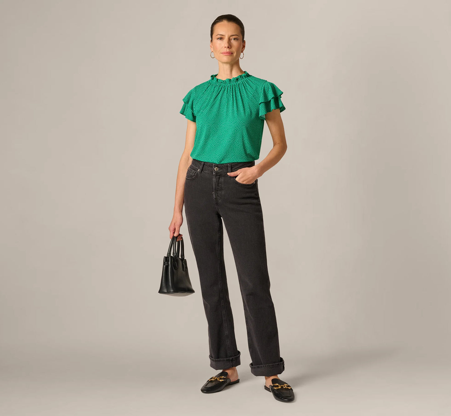 Double Flutter Sleeve Ruffle Neck Top In Vivid Green Broken Dot