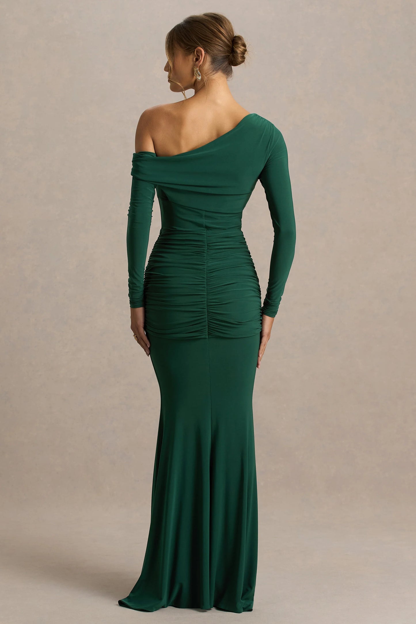 Clover Dark Green Asymmetric-Neck Wrapped Maxi Dress With Sash
