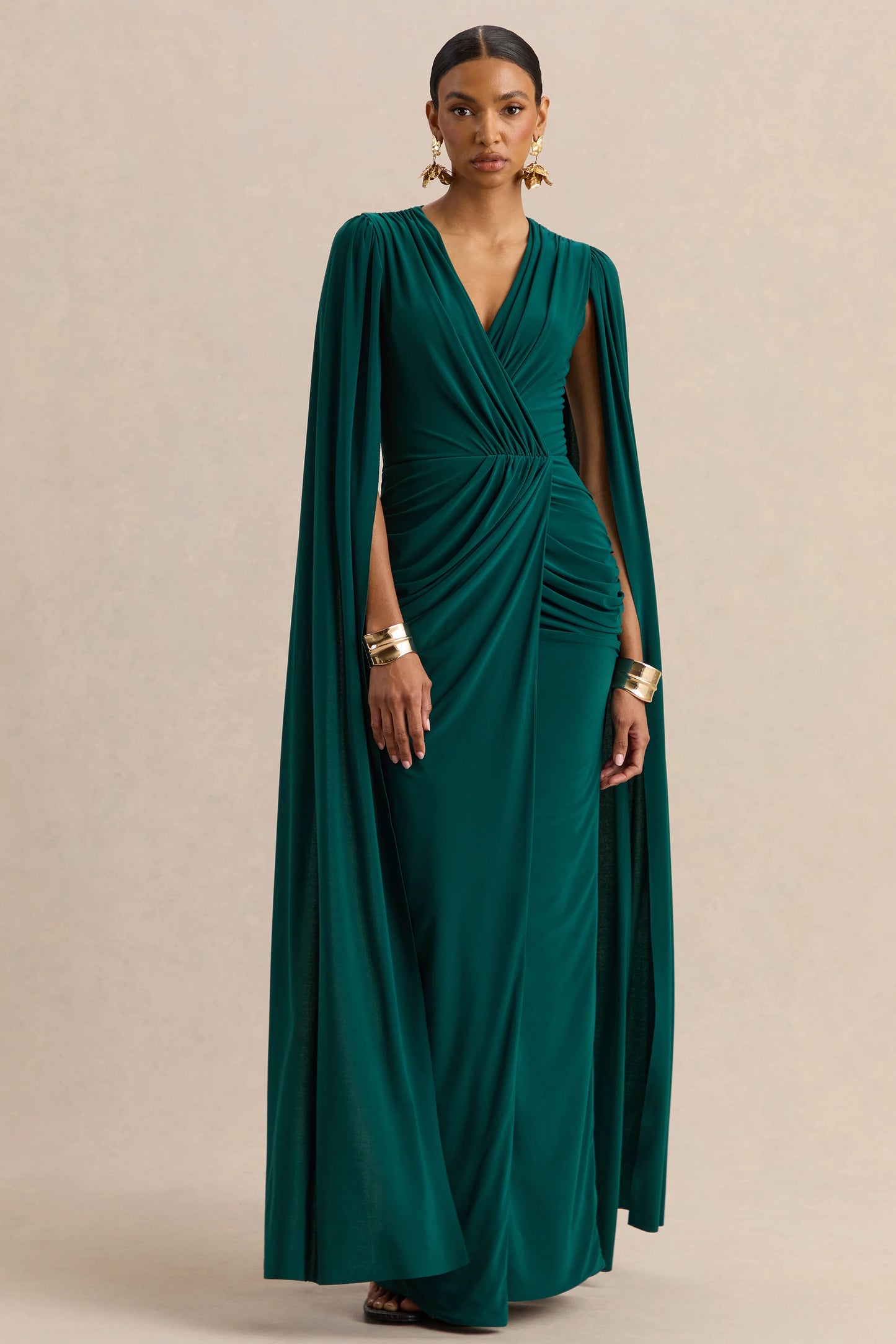 Ulissia Bottle Green V-Neck Maxi Dress With Cape-Sleeves