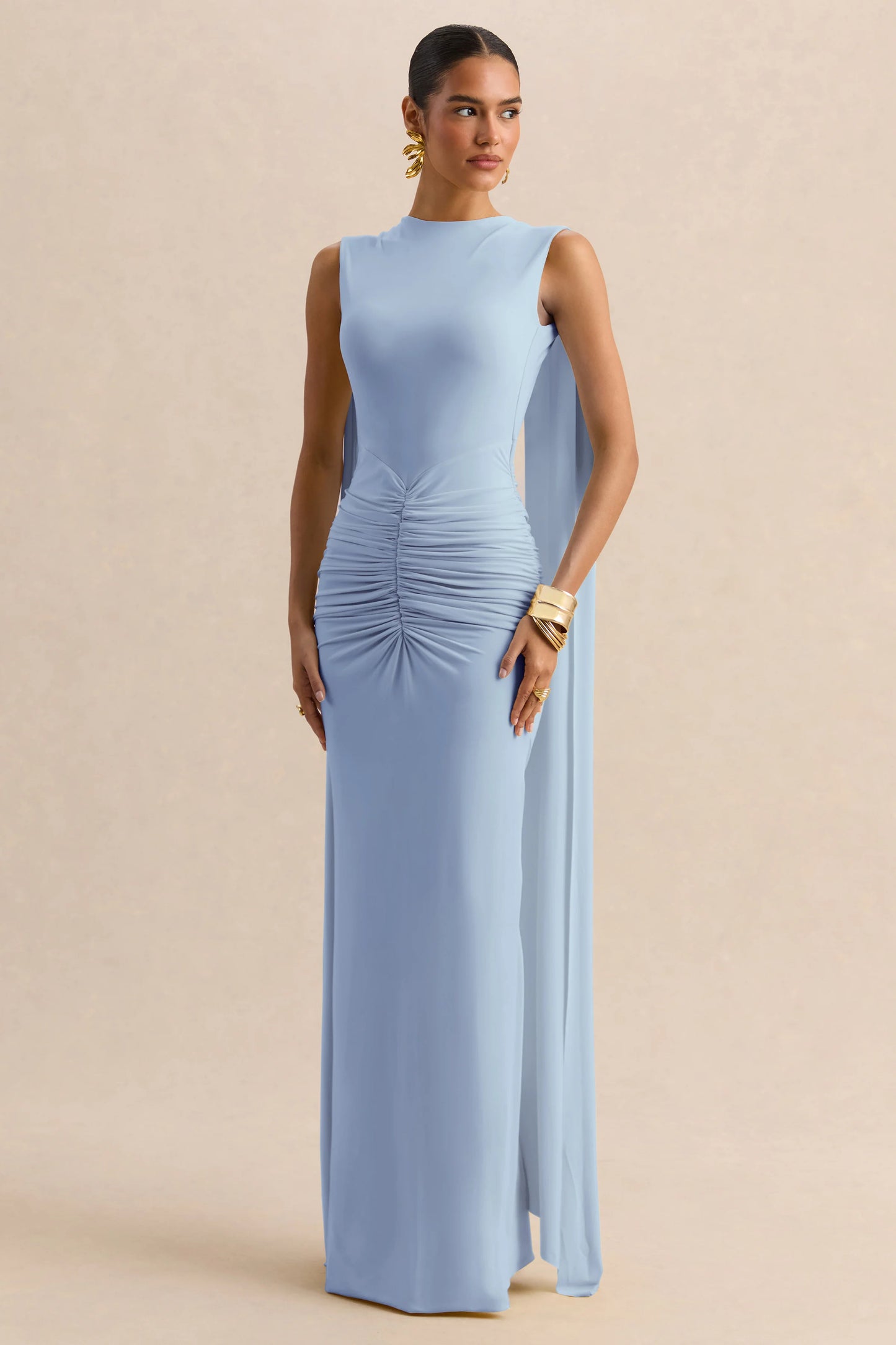 Premiere Powder Blue Boat-Neck Maxi Dress With Cape-Sleeves And Open-Back