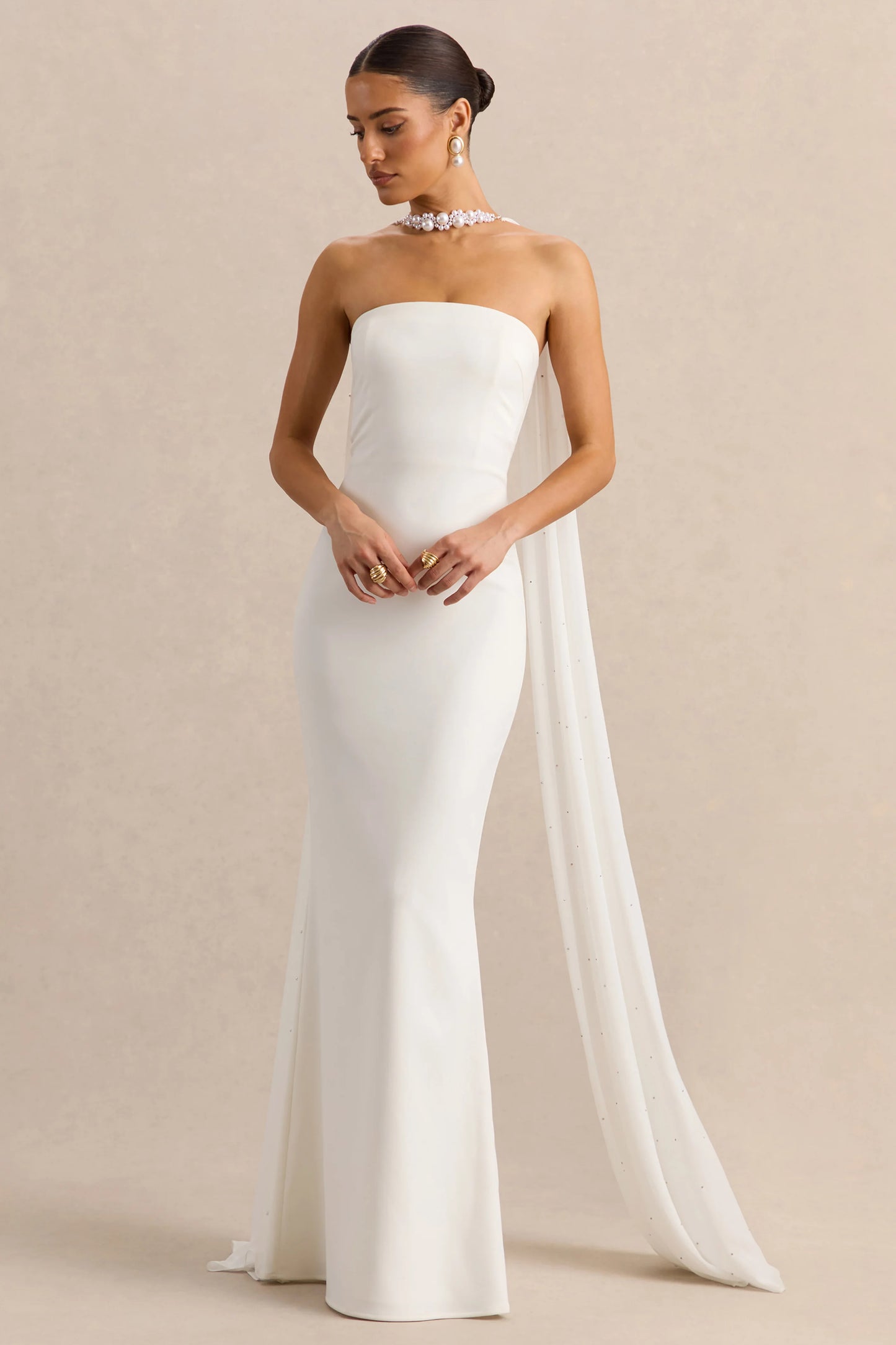 Alina White Bandeau Maxi-Dress With Cape