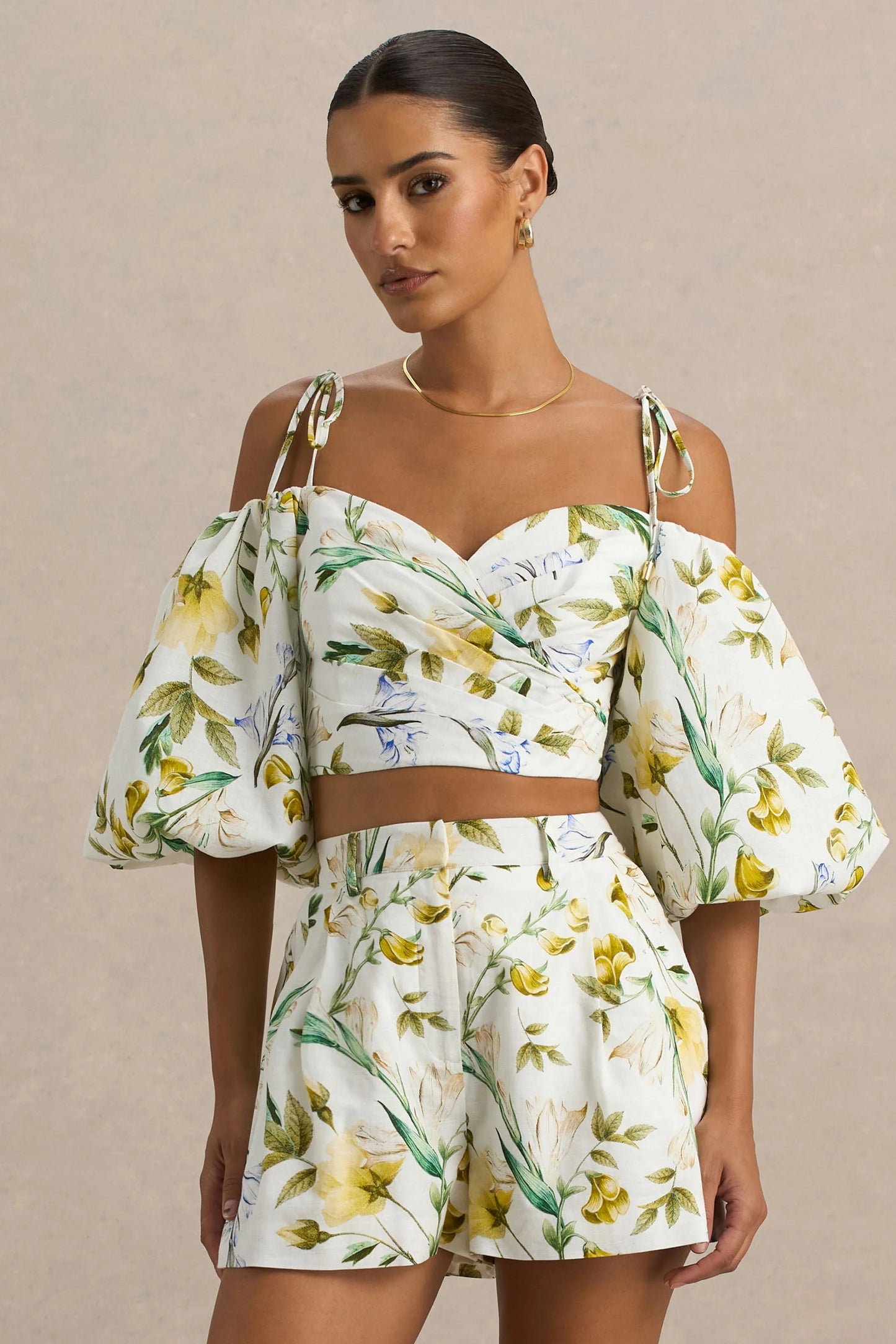 Amberly Lemon Floral Print Plunge-Neck Ruffled Crop Top