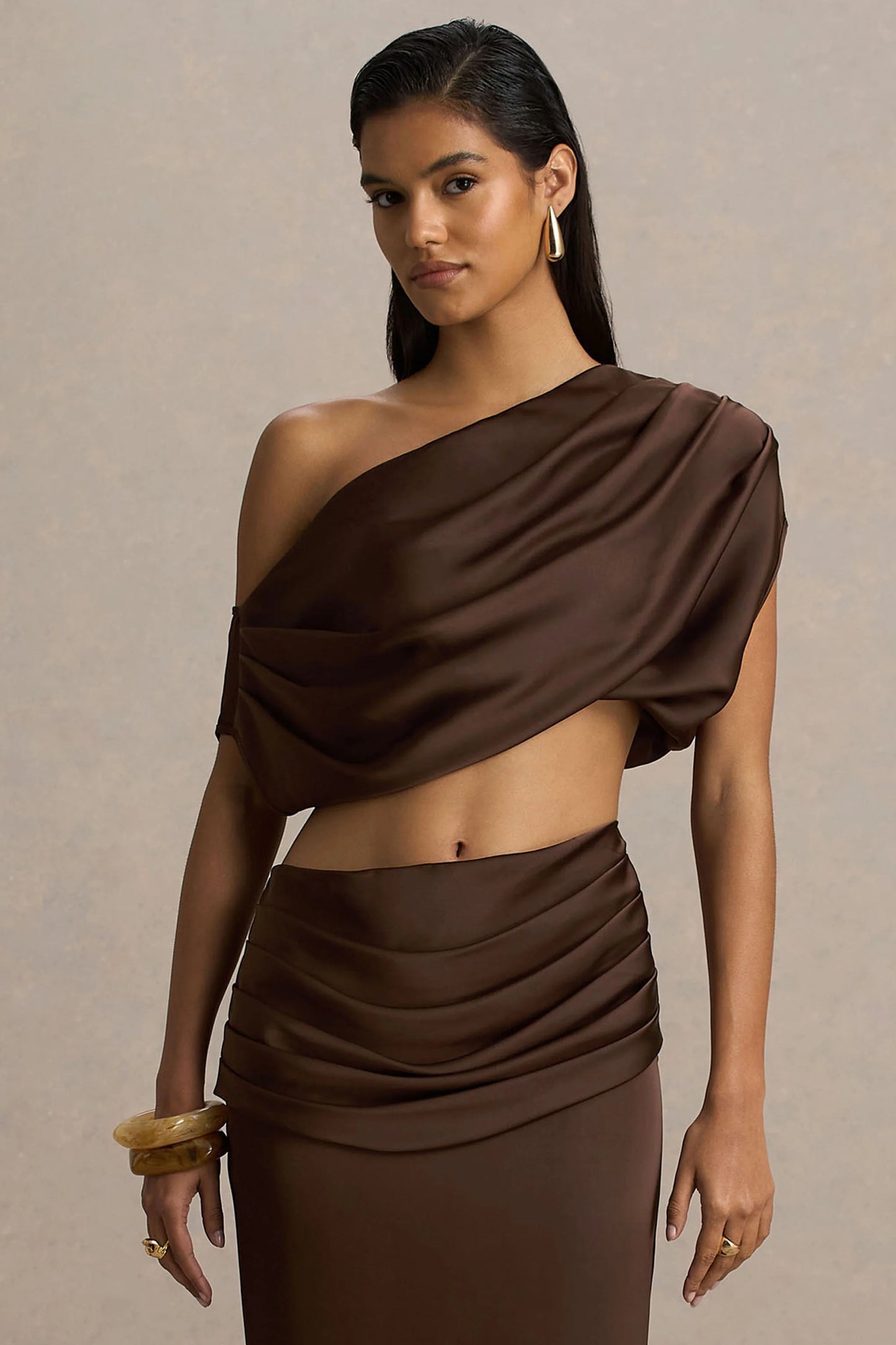 Entrapment Brown Satin Boat-Neck Crop-Top With Ruched Detailing