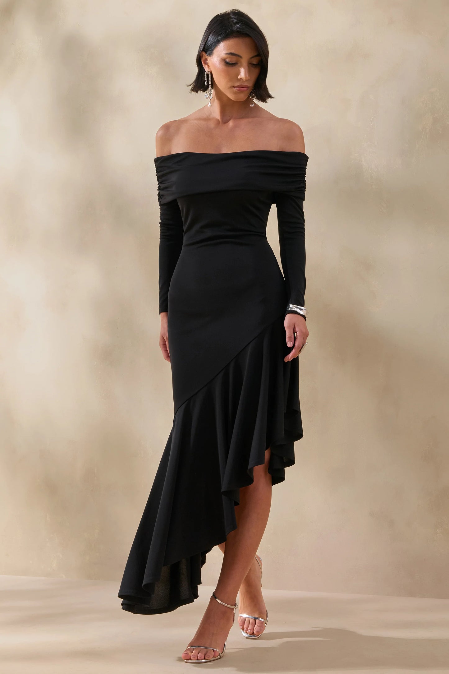 Goldara Black Bardot-Neck Maxi Dress With Ruffled Asymmetric-Hem