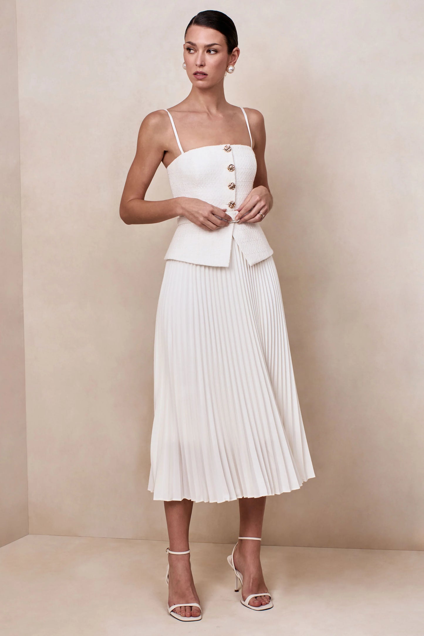 Lizzy Cream Square-Neck Midi Dress With Pleated-Skirt