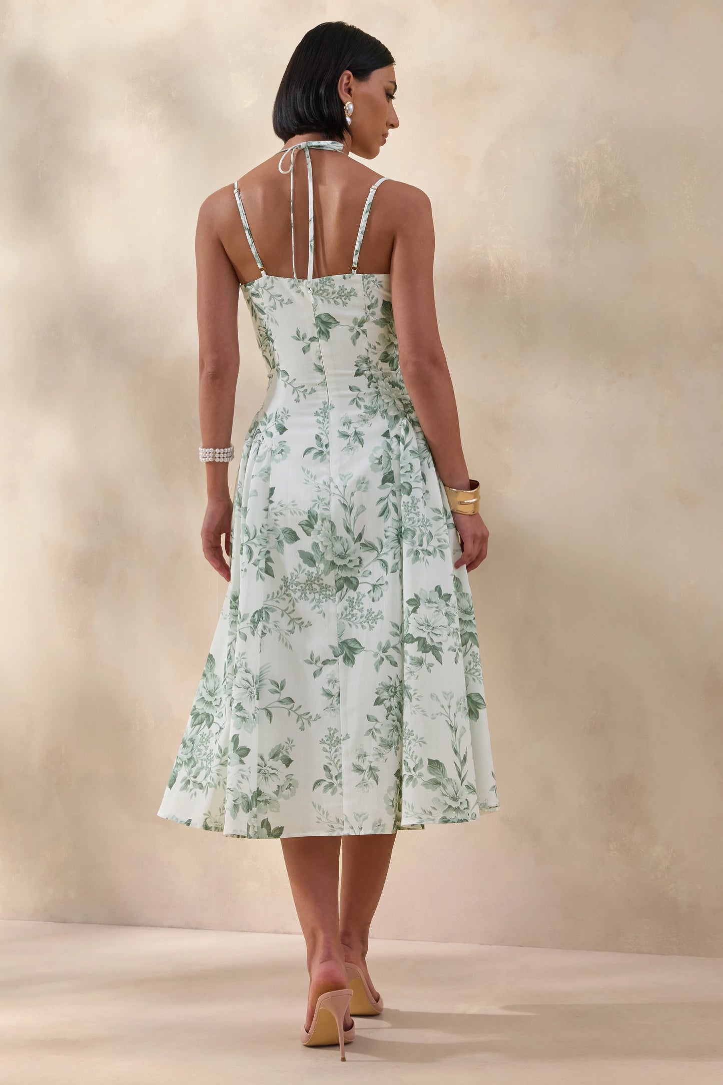 Audrey Green Floral Print Sweetheart-Neck Midi Dress With Ruching Detail