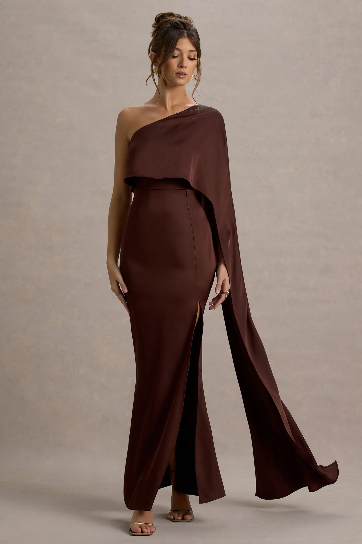 Amora Brown Satin Asymmetric Cape-Sleeve Split Maxi Dress