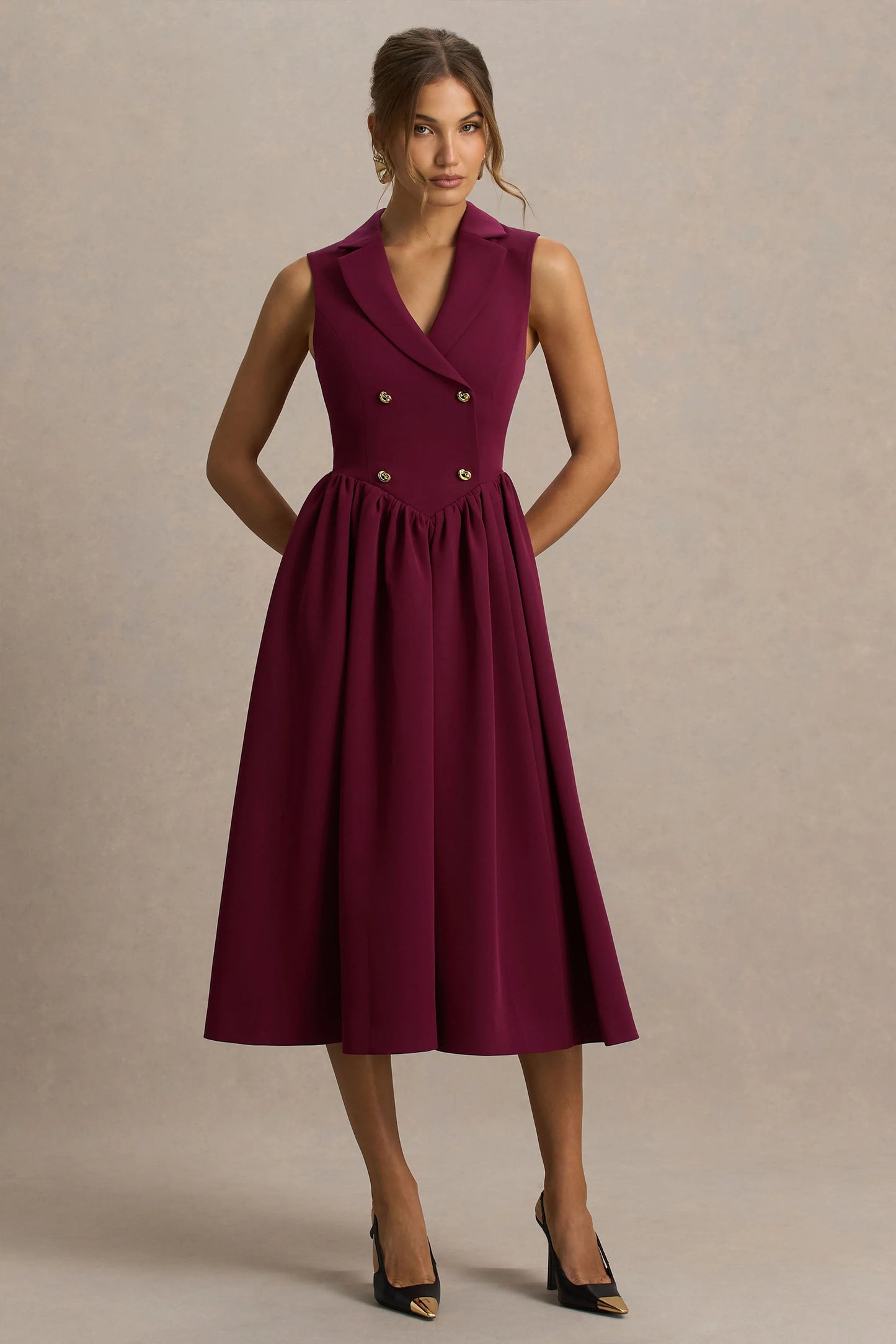 Lisa Burgundy Plunge-Neck Tailored Midi Dress With Button-Detailing