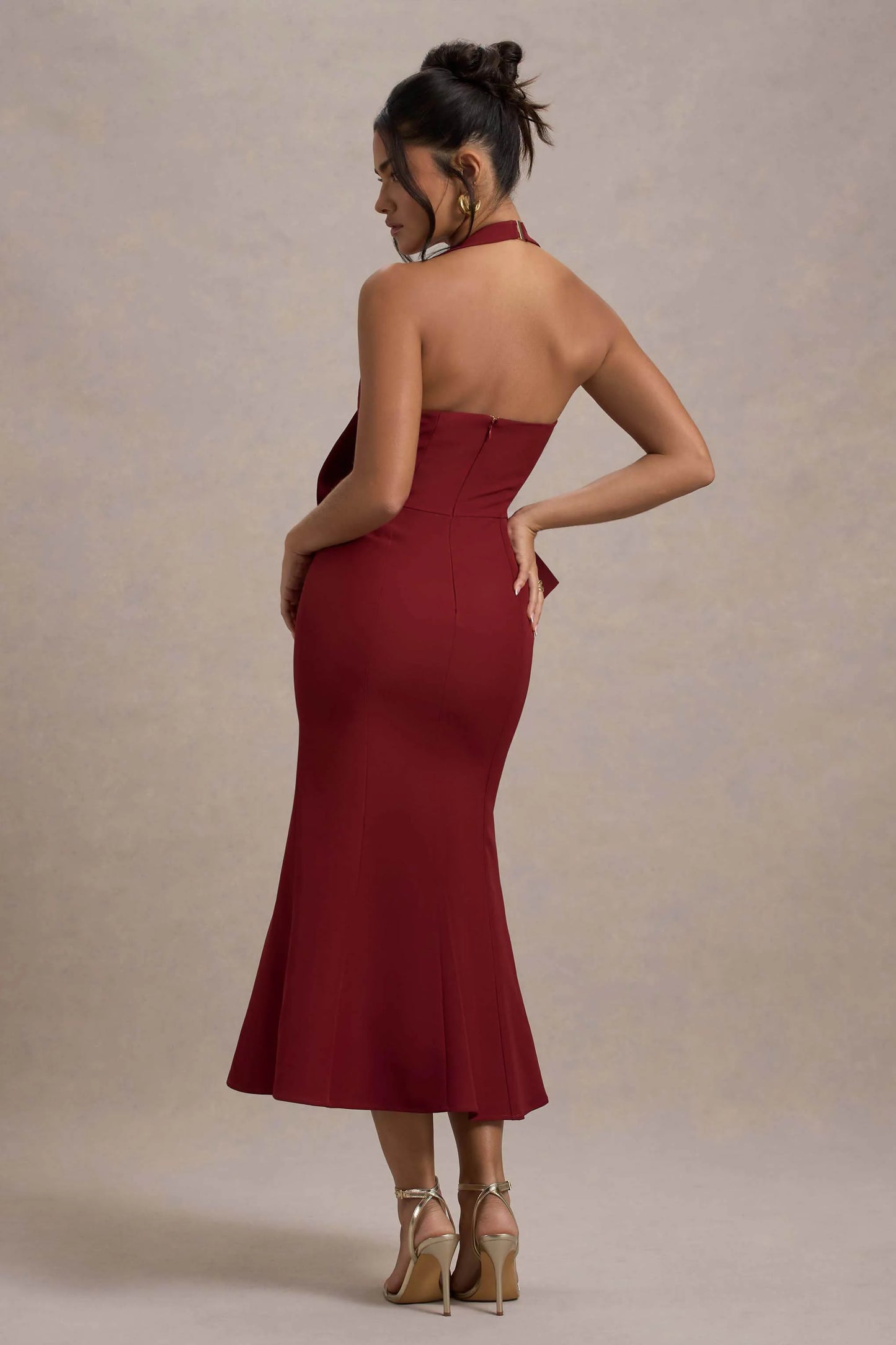 Aman Berry Halter-Neck Midi Dress With Oversized Bow