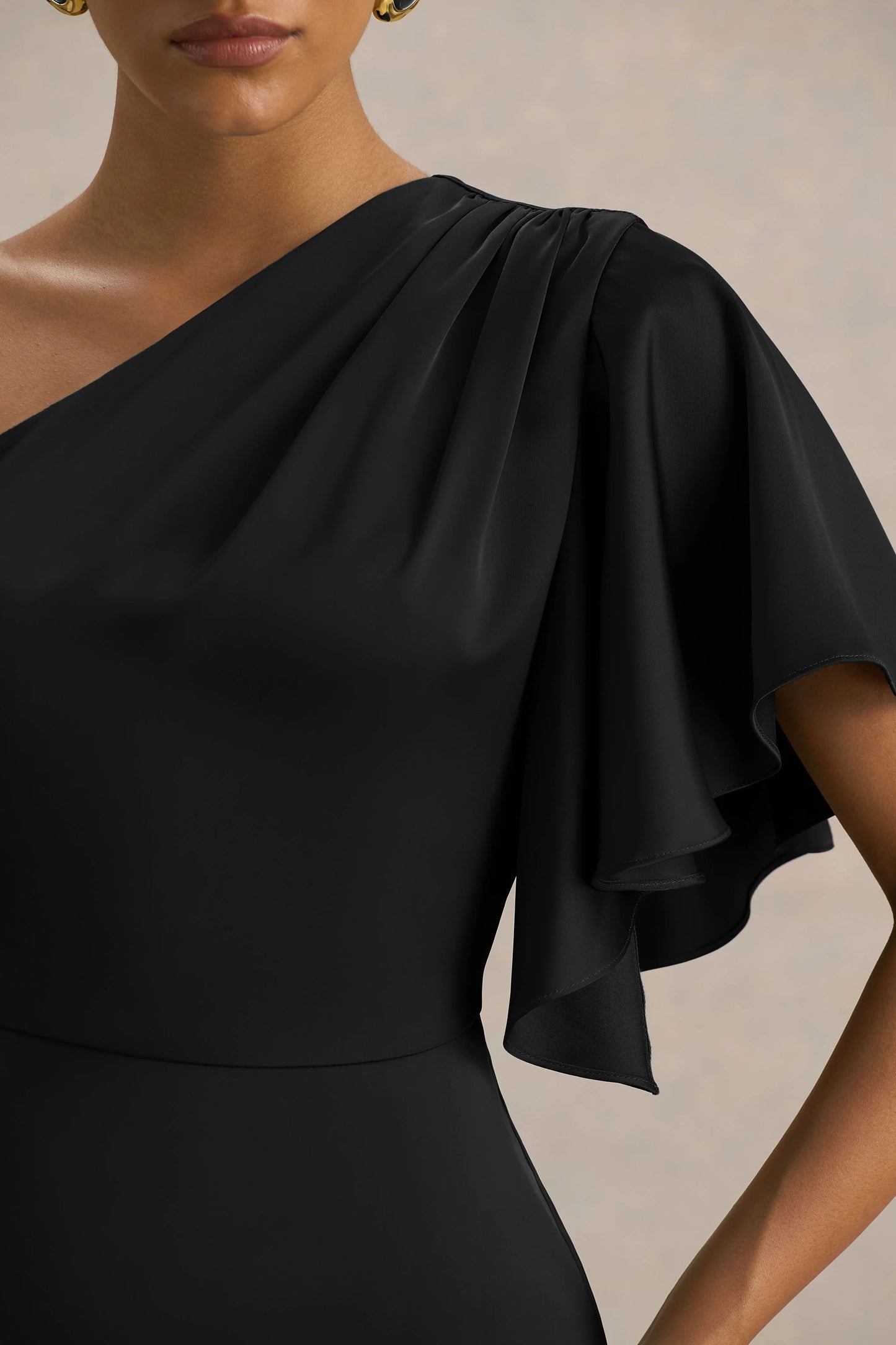 Unforgettable Black Asymmetric-Neck Maxi Dress With Ruffled Detailing