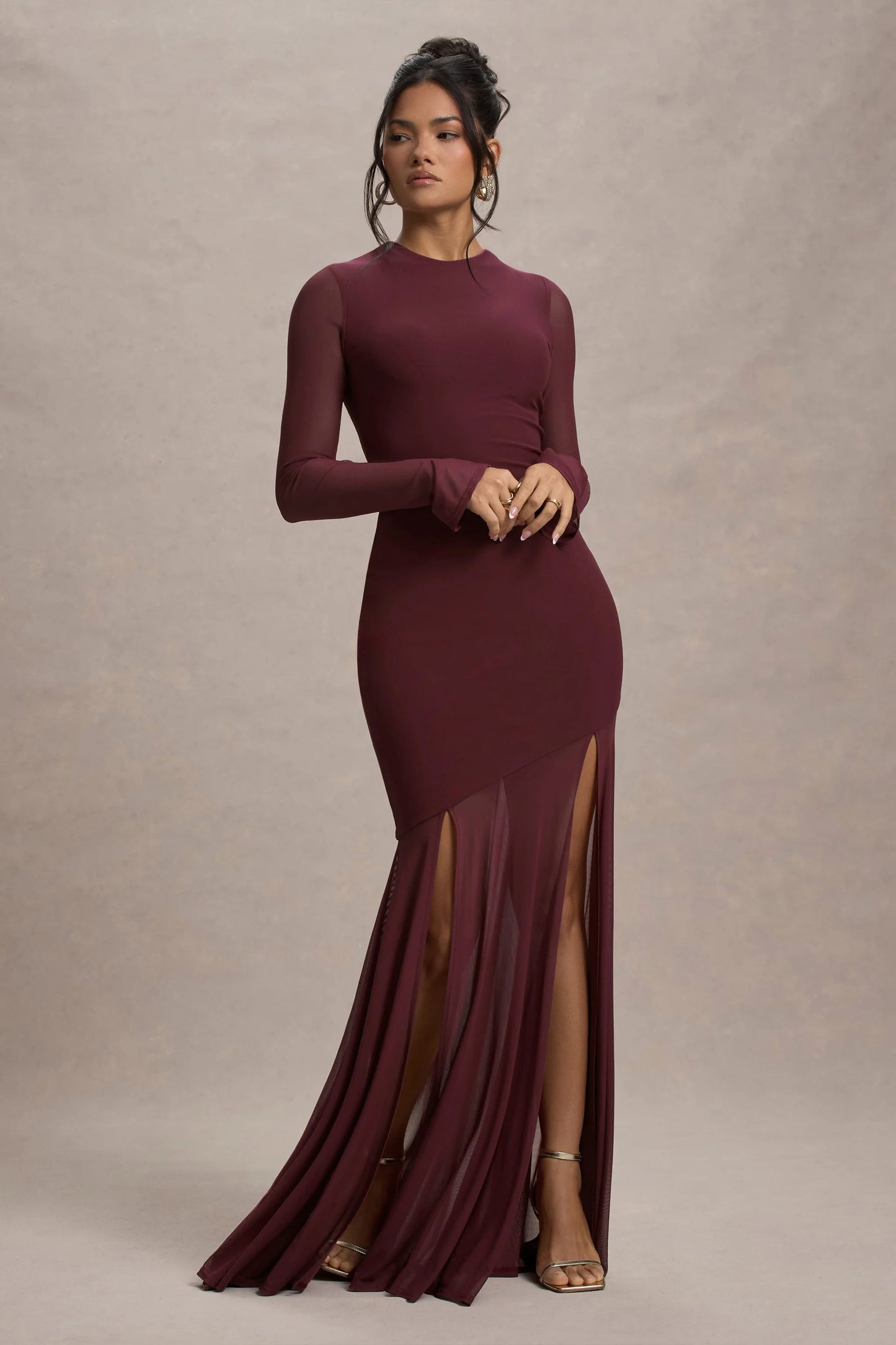 Tigerlily Port Mesh Long-Sleeve Open-Back Maxi Dress