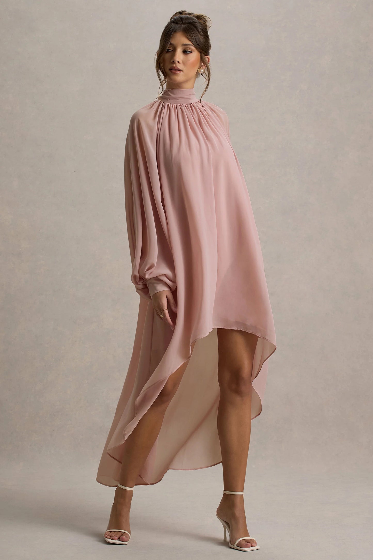 Delphia Pale Pink High-Neck Maxi Dress With High-Low Hem