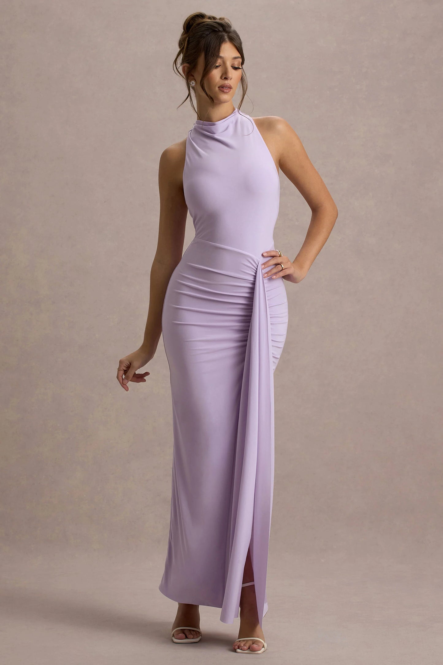 Sunflower Lilac Ruched High-Neck Split Maxi Dress