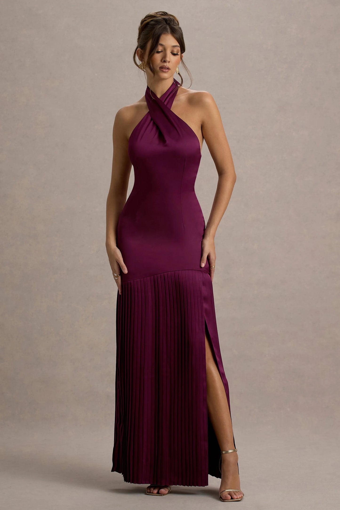 Sansa Burgundy Satin Cross Halter-Neck Plisse Maxi Dress
