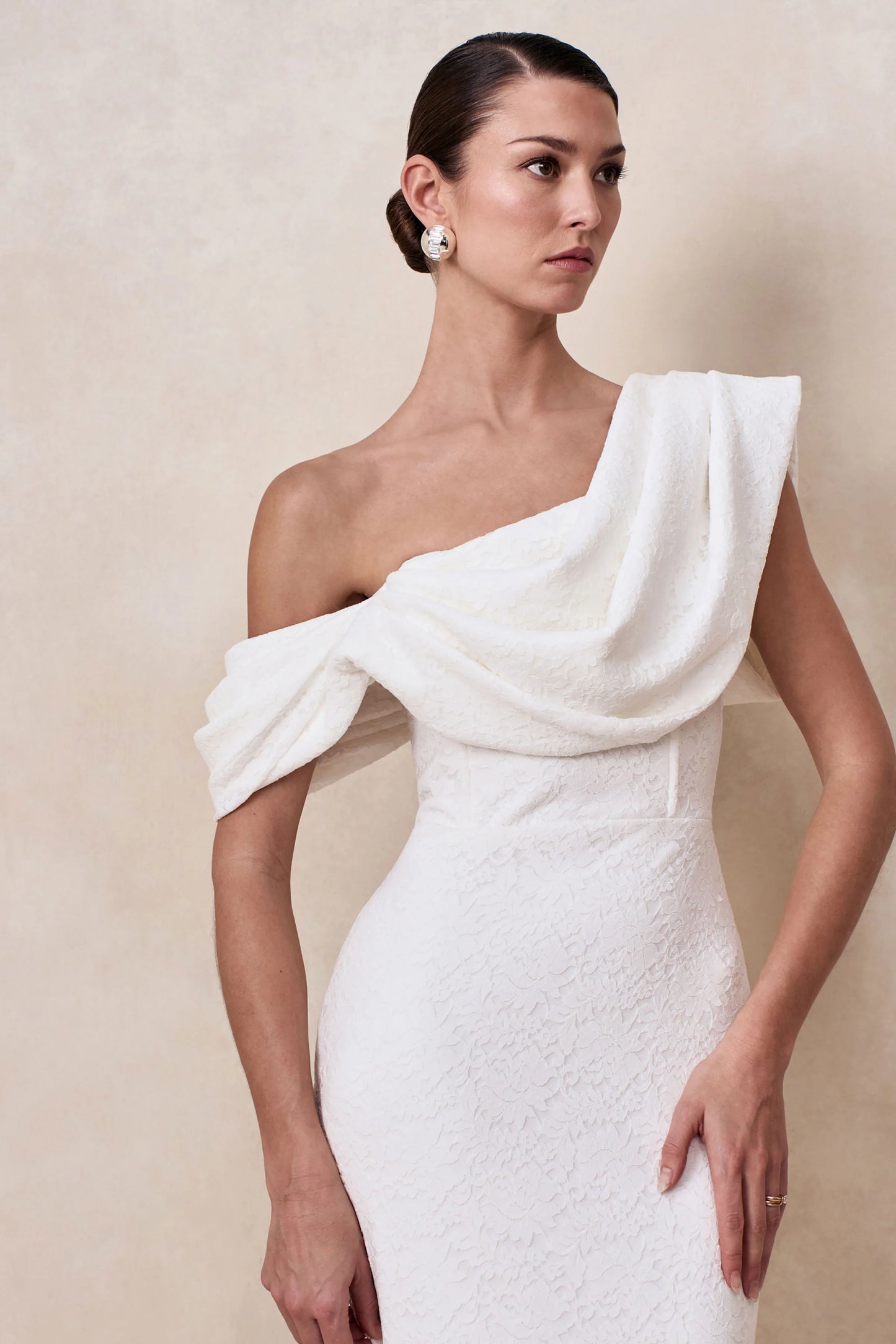 Farvera White Lace Draped Asymmetric-Neck Midi Dress
