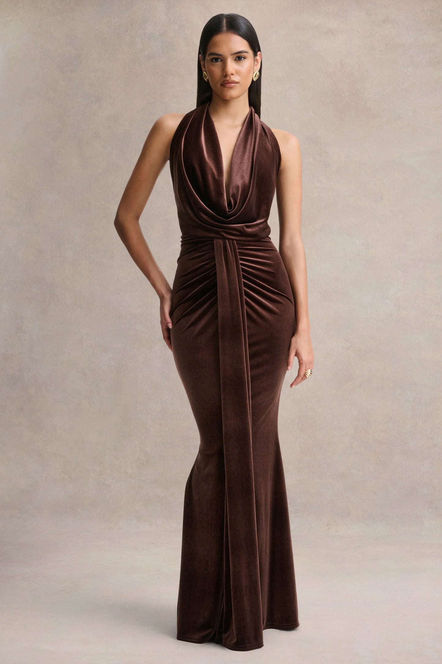 Lavernia Brown Velvet Halter-Neck Maxi Dress With Gathered-Detailing