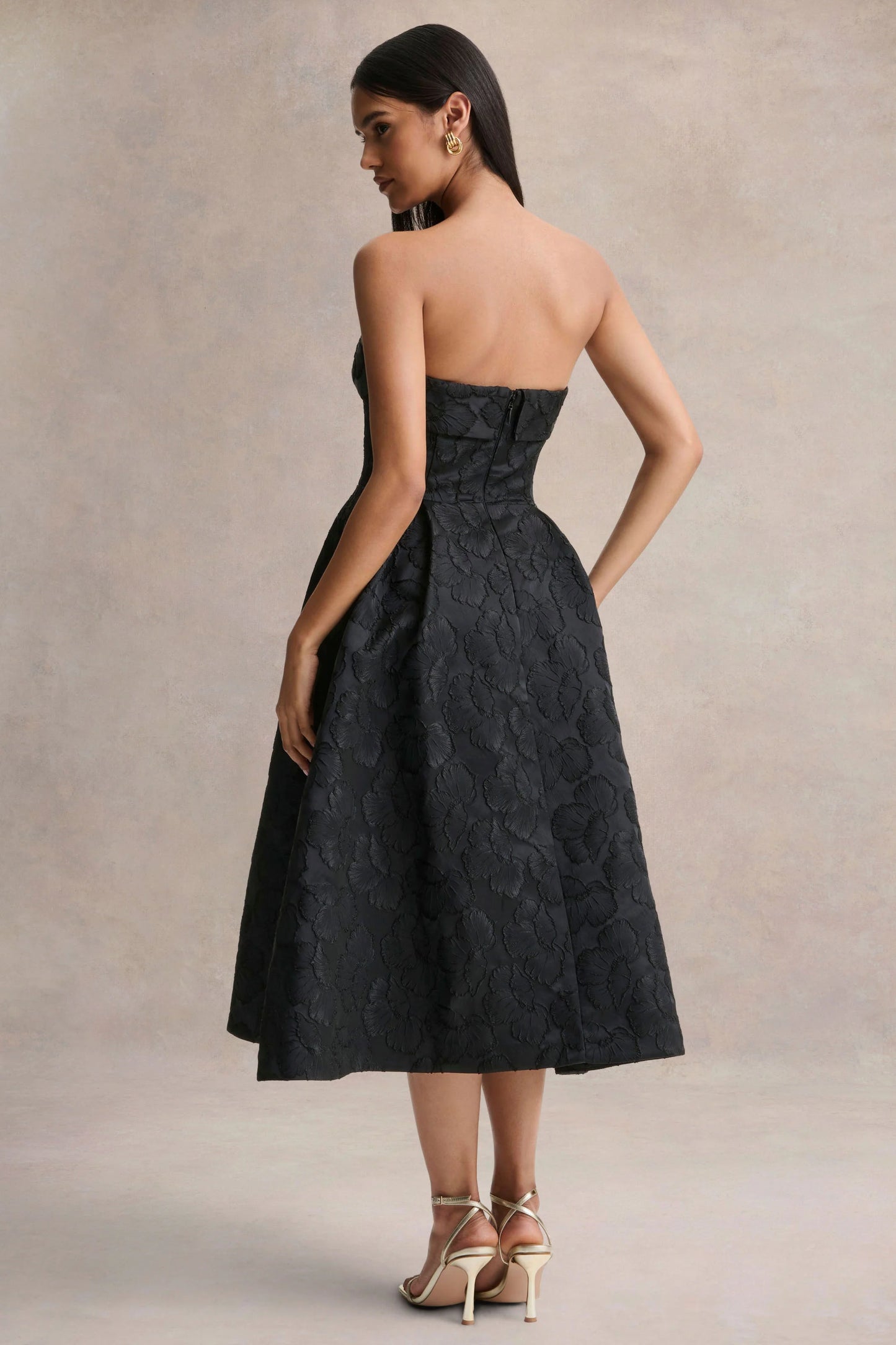 Zuma Black Metallic Jacquard Strapless Midi Dress