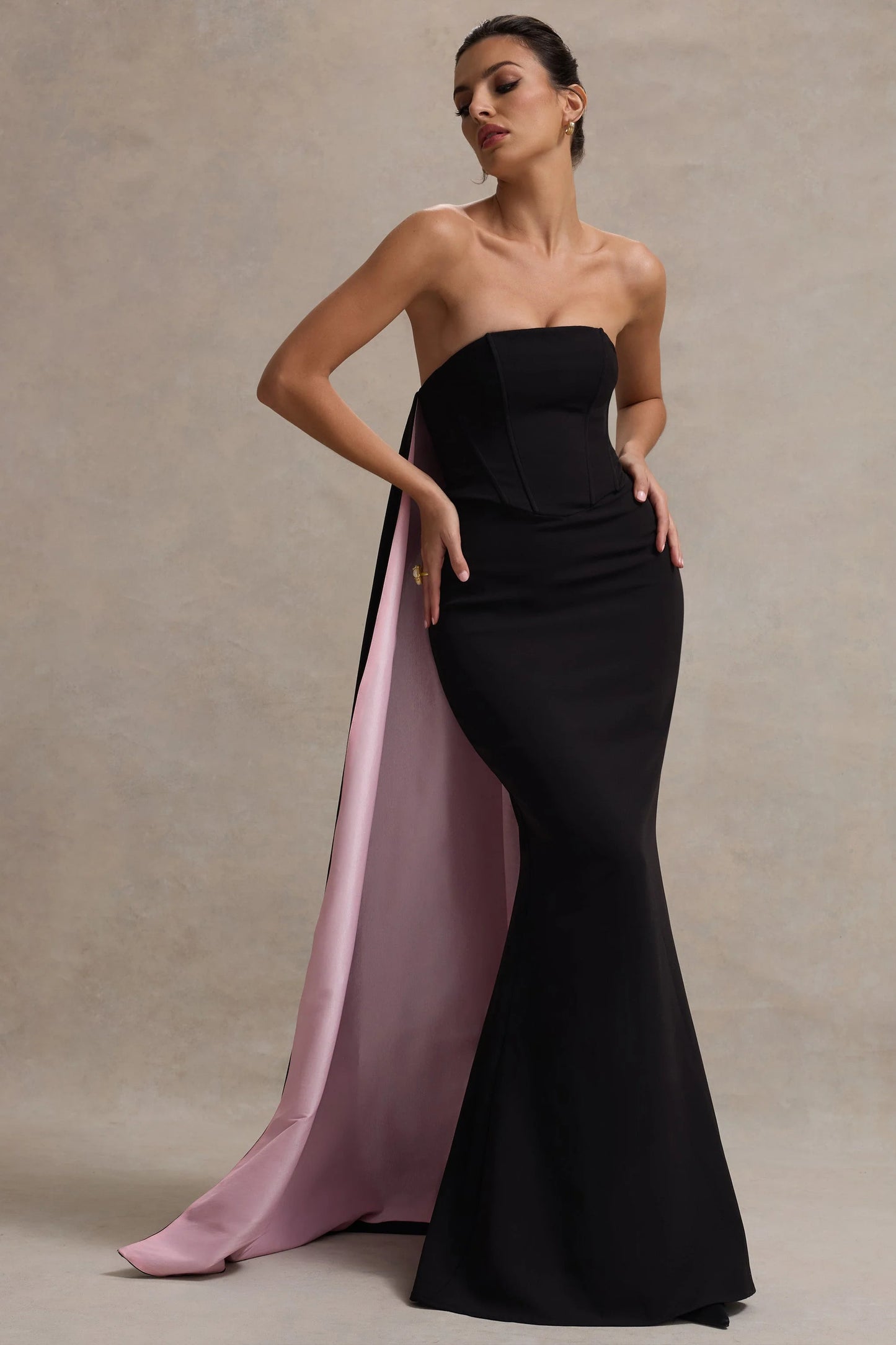She's Trouble Black Bandeau Maxi Dress With Pink Cape