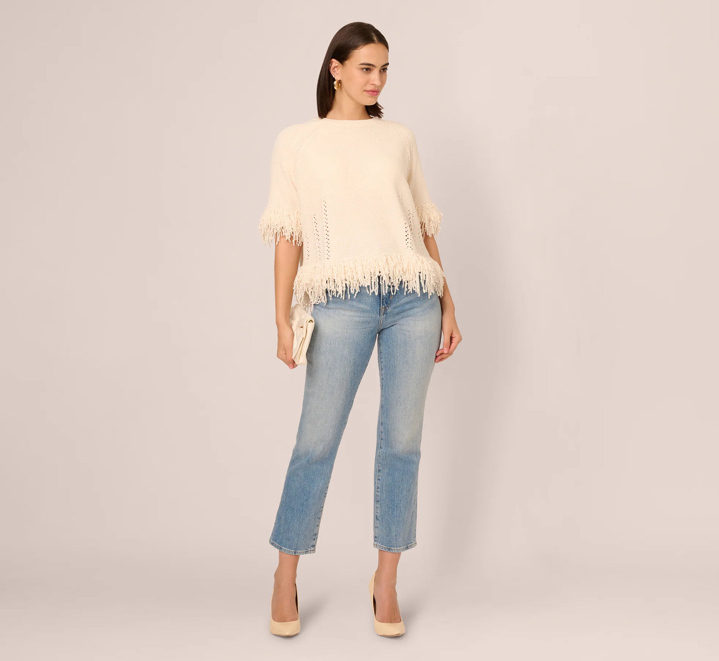 Three Quarter Sleeve Fringe Trim Sweater In Cream