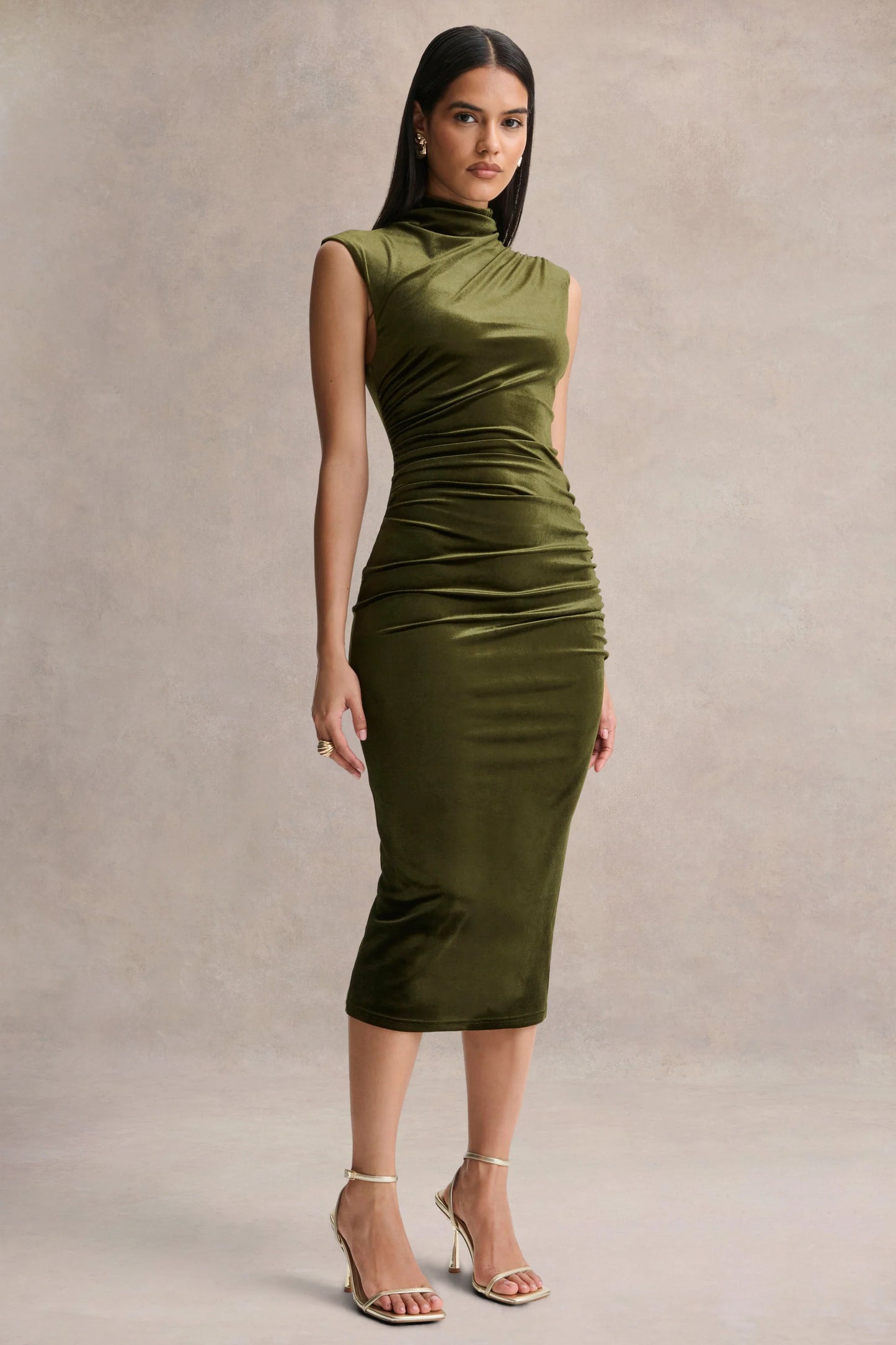 Novine Olive Velvet High-Neck Midi Dress