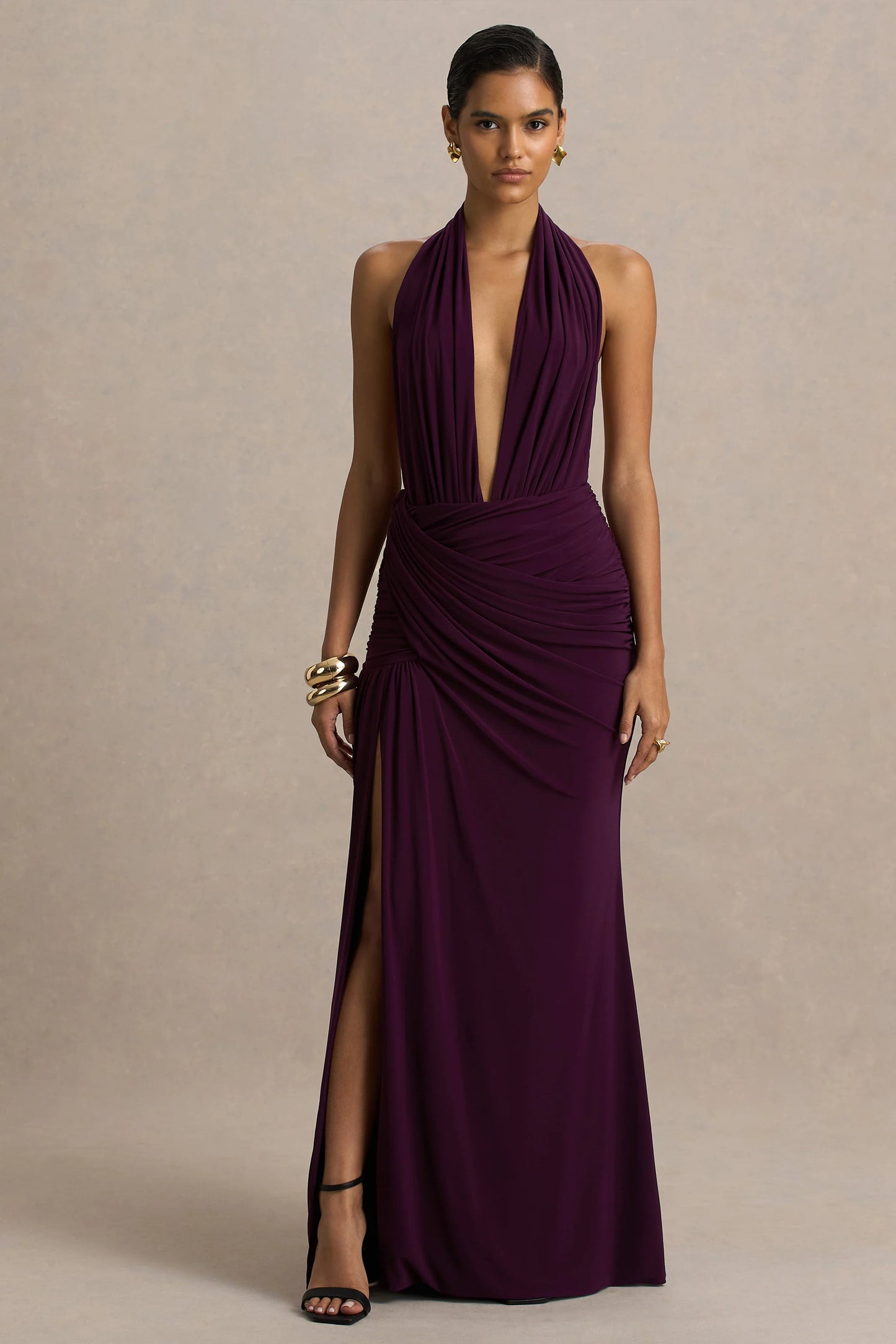 Tilly Burgundy Extreme Plunge-Neck Maxi Dress With Wrap And Ruched Details