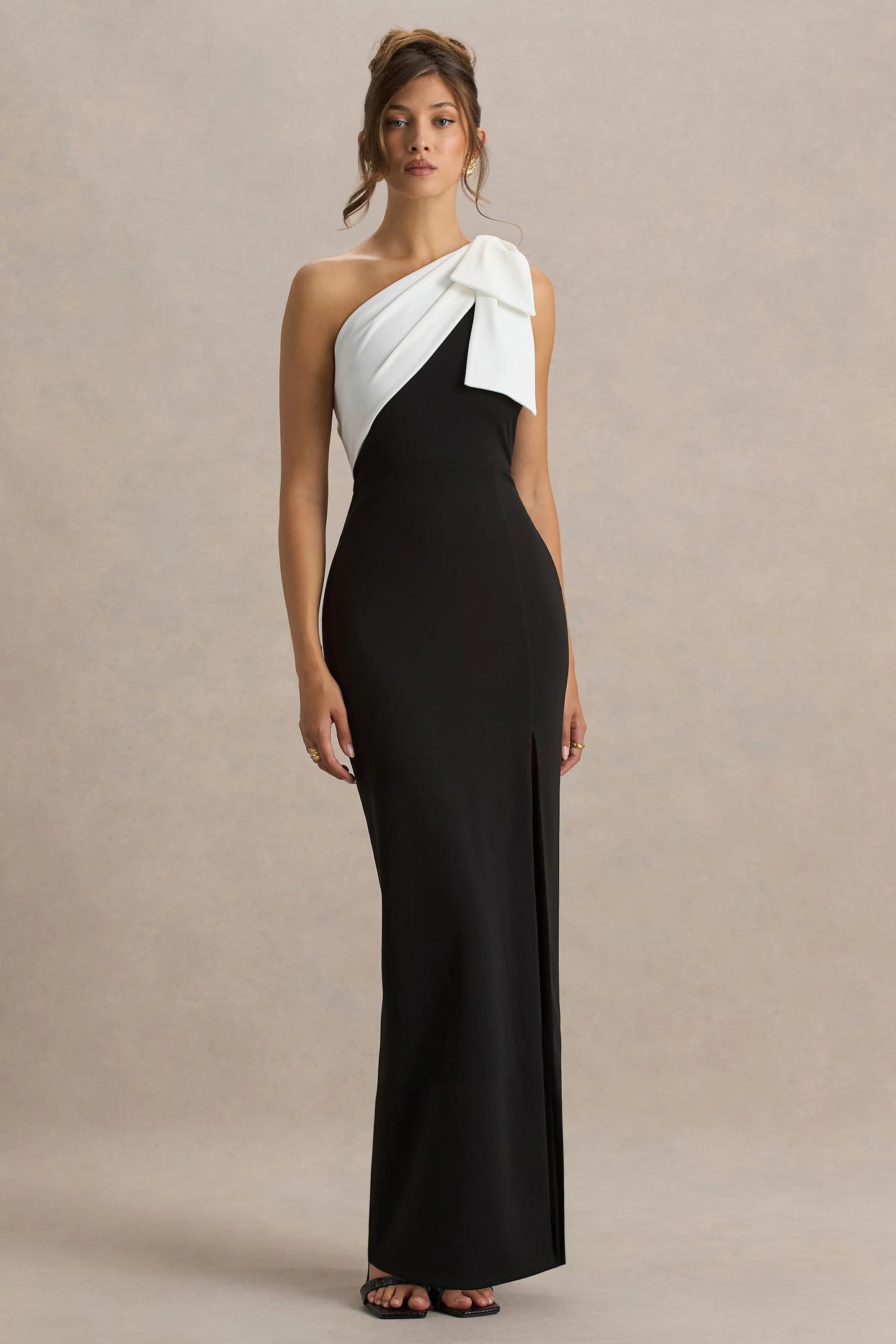 Kiri Black & White One-Shoulder Bow Maxi Dress