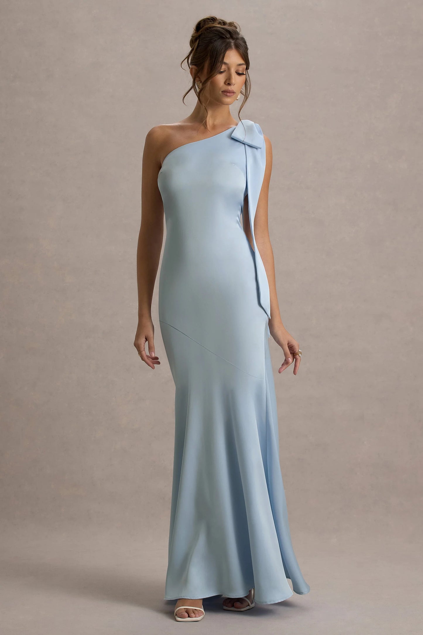 Here For Love Powder Blue Satin Asymmetric Maxi Dress With Bow