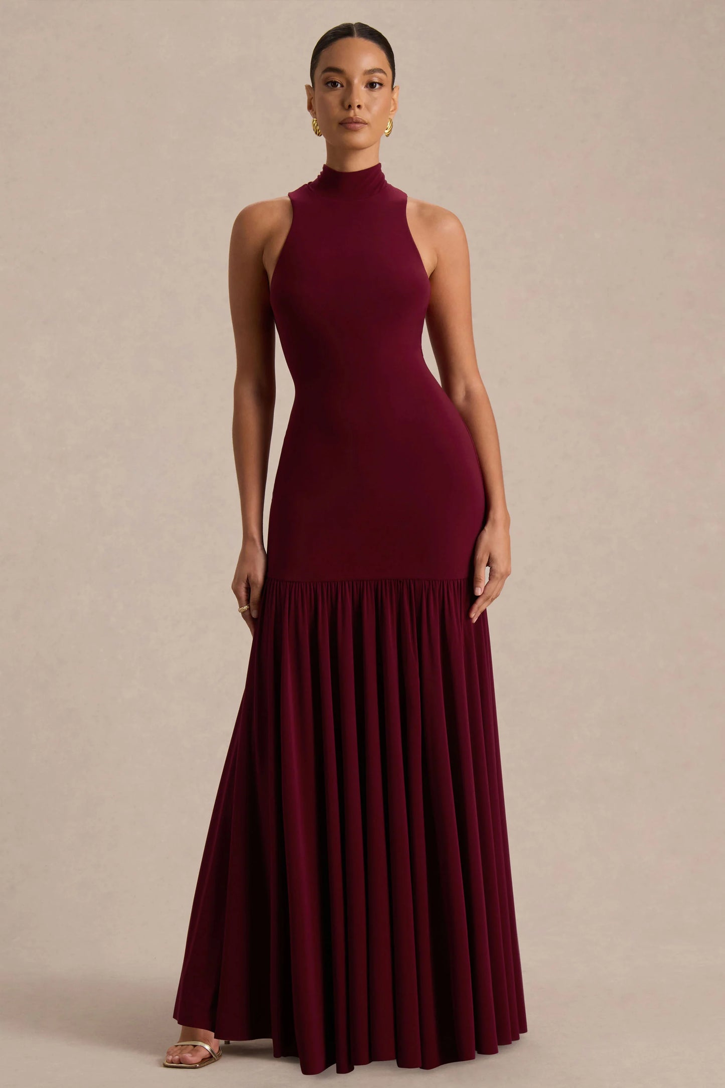 Tasmin Burgundy High-Neck Maxi Dress With Drop-Waist