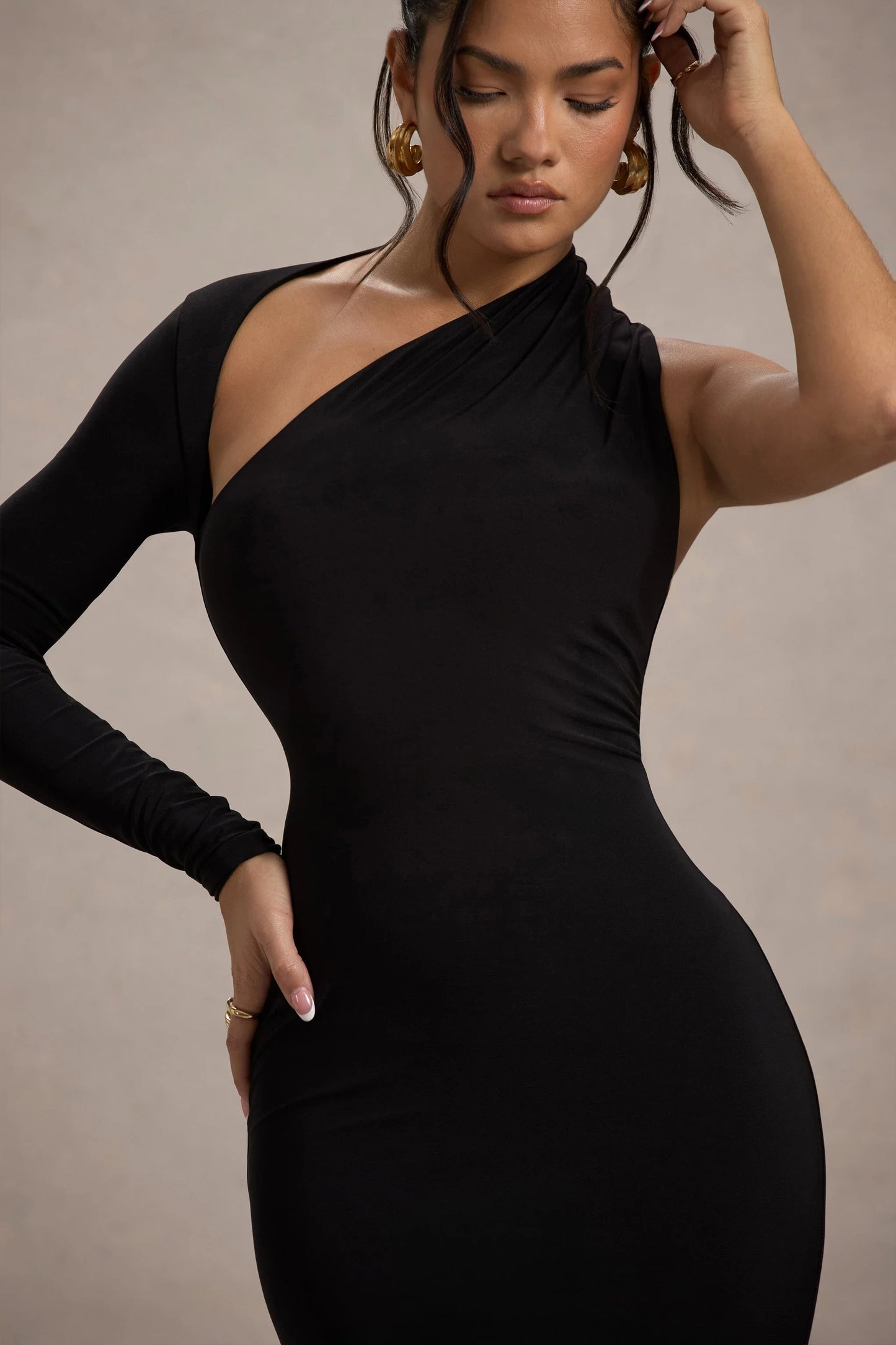 Orsa Black One-Shoulder Asymmetric Maxi Dress