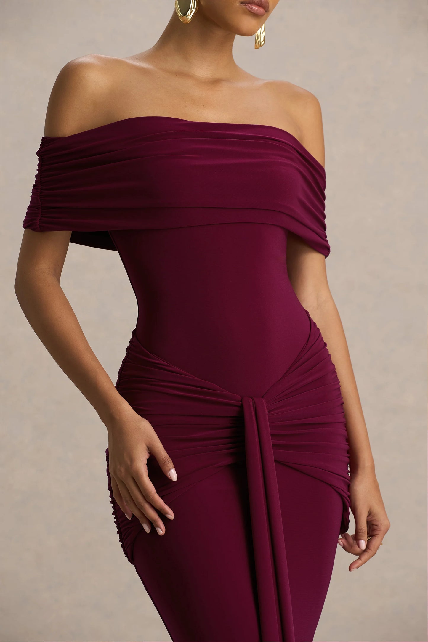 Envisioned Burgundy Bardot-Neck Maxi Dress With Gathered And Drape Detail