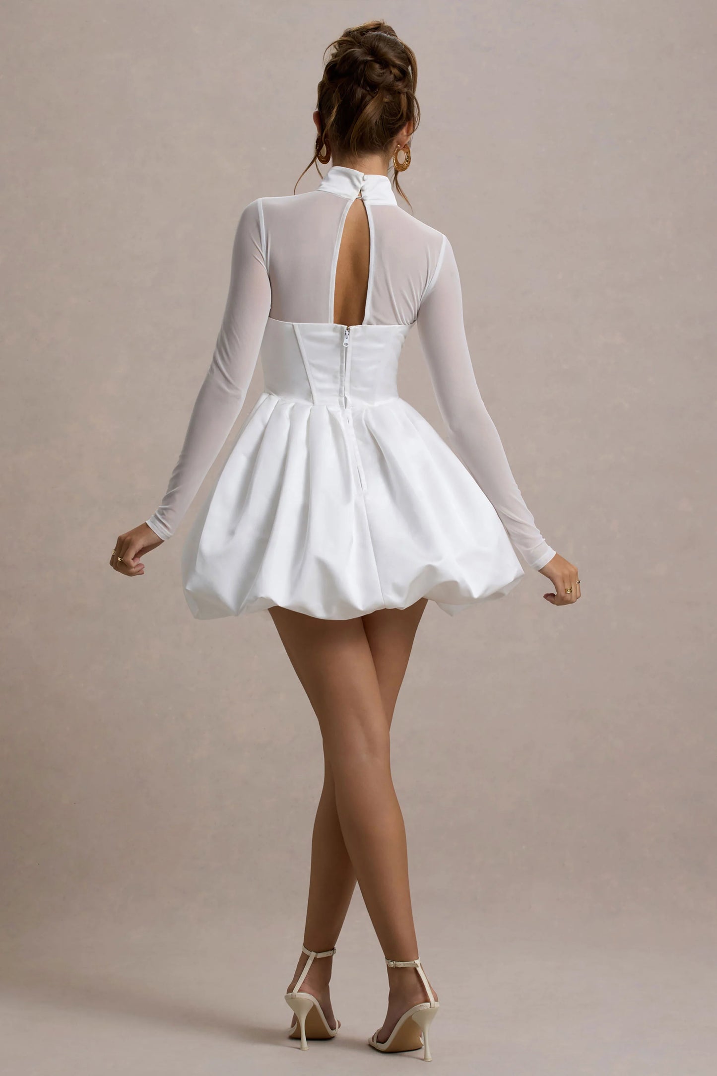 Tinkerbell White Satin Long-Sleeve Puffball Mini Dress