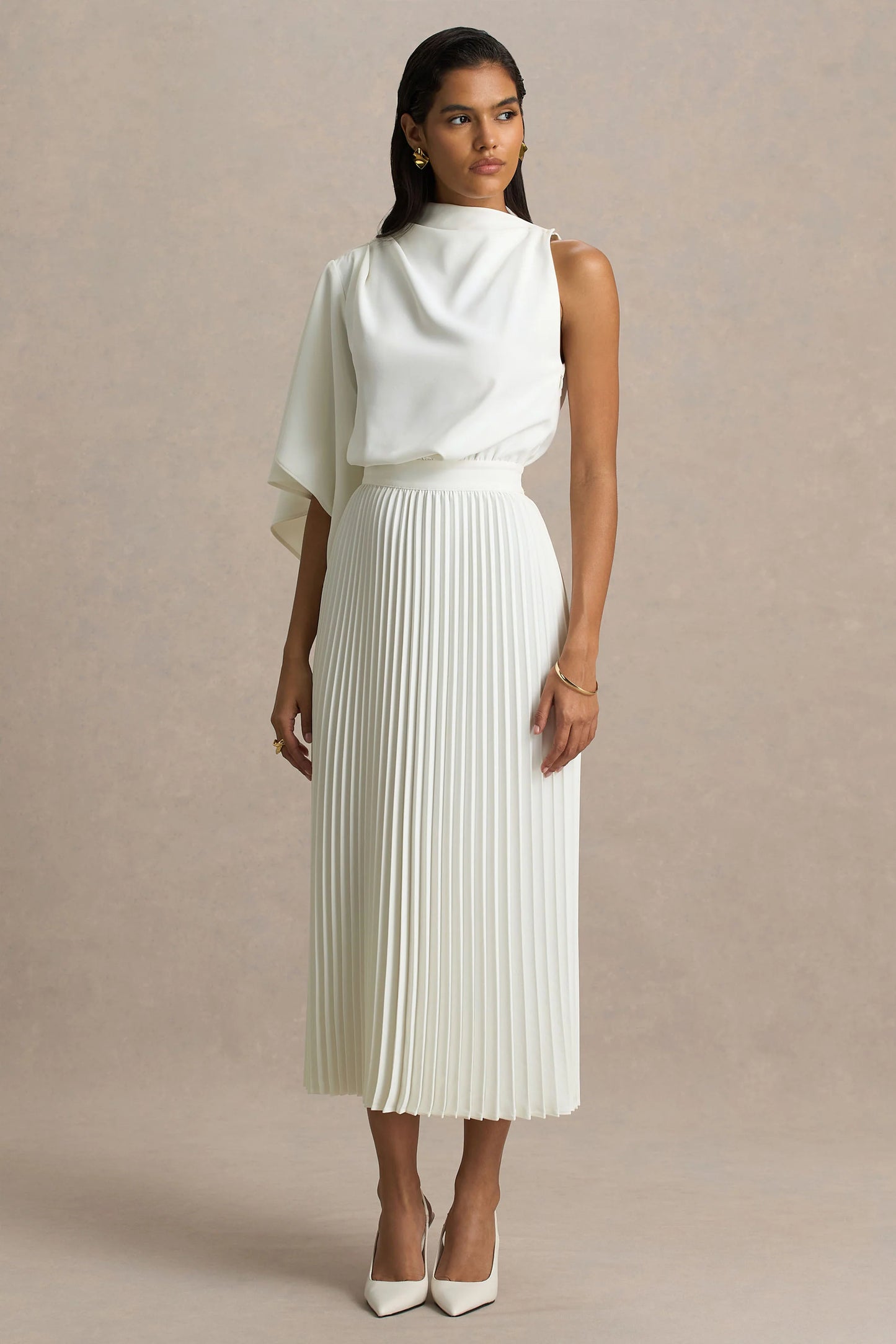 Jimena Cream High-Neck Midi Dress With One-Long Sleeve And Pleated Detailing