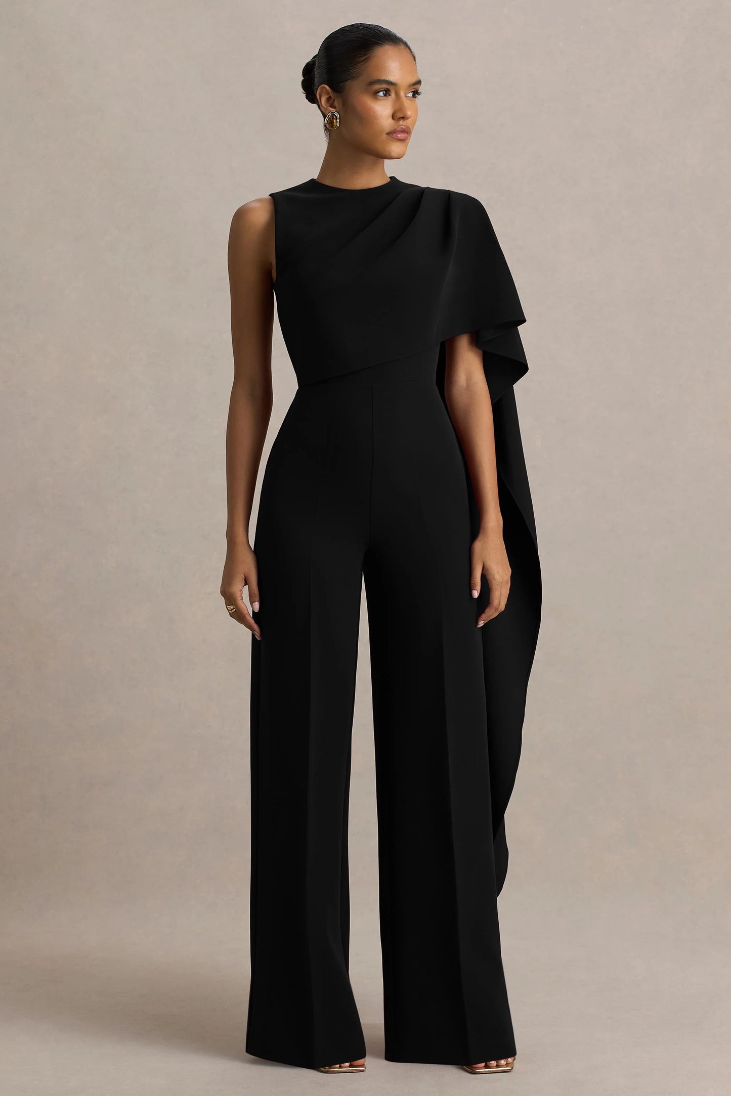 Sorenia Black High-Neck Jumpsuit With One-Cape Sleeve