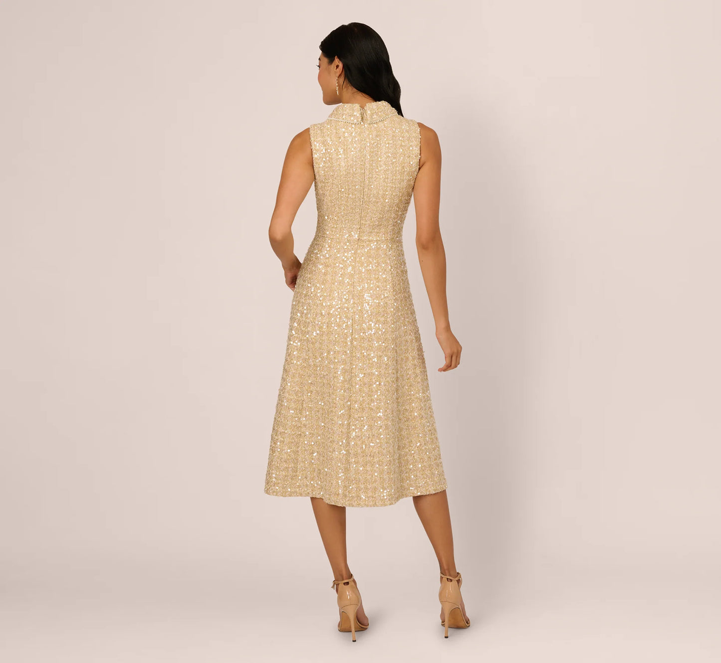 Collared Sequin Tweed Midi Dress In Champagne