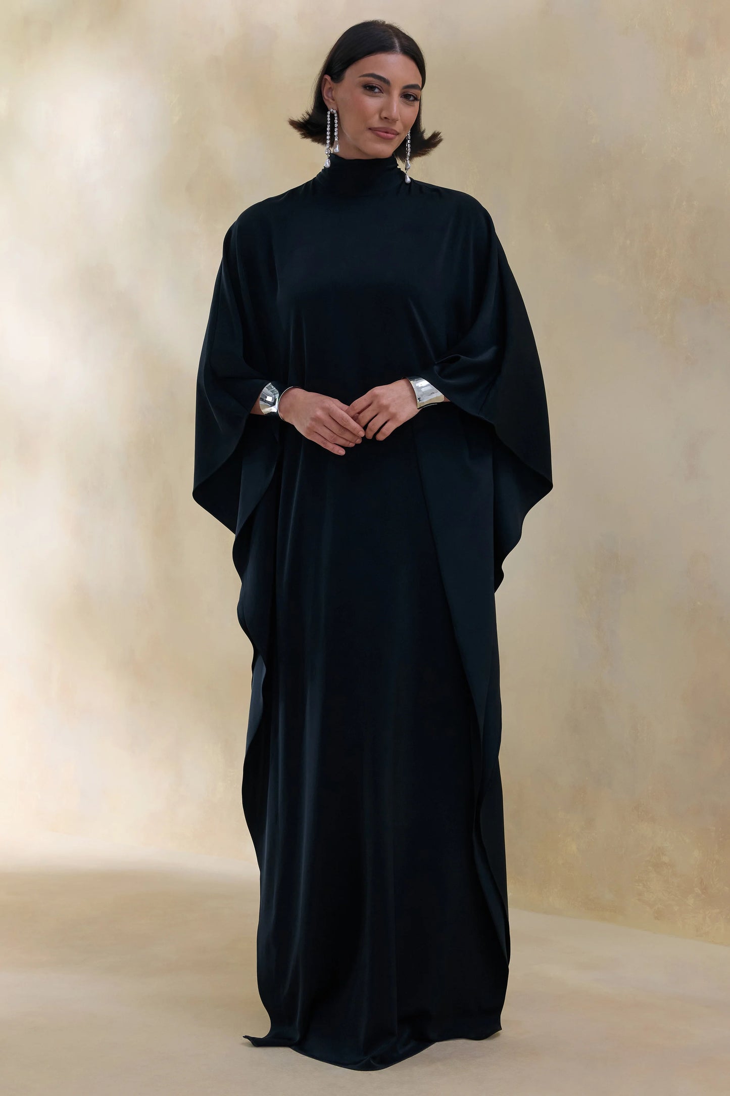 Lumisette Black Satin High-Neck Maxi Dress With Cape