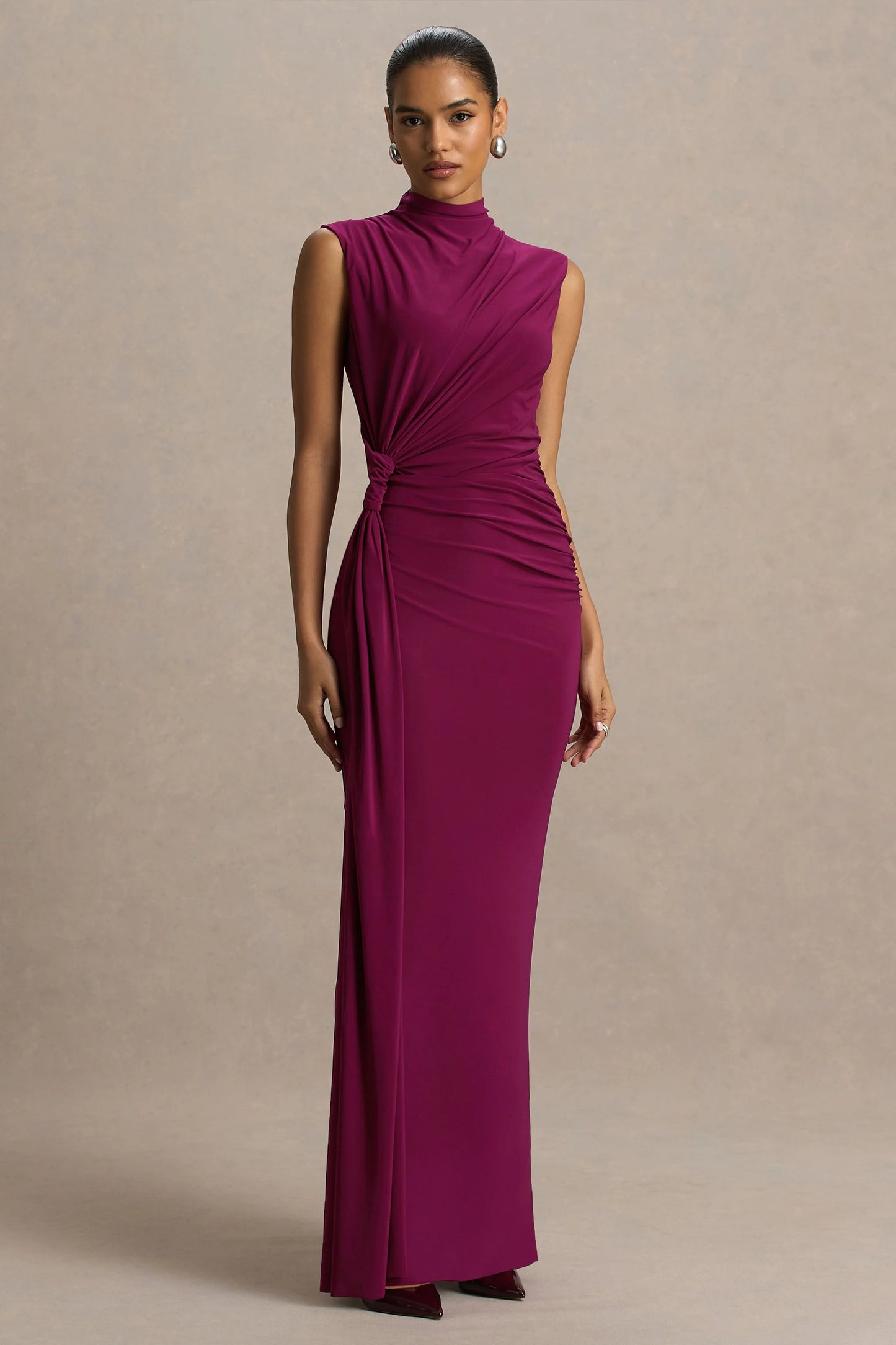 Solene Burgundy High-Neck Maxi Dress With Wrap And Drape Detail