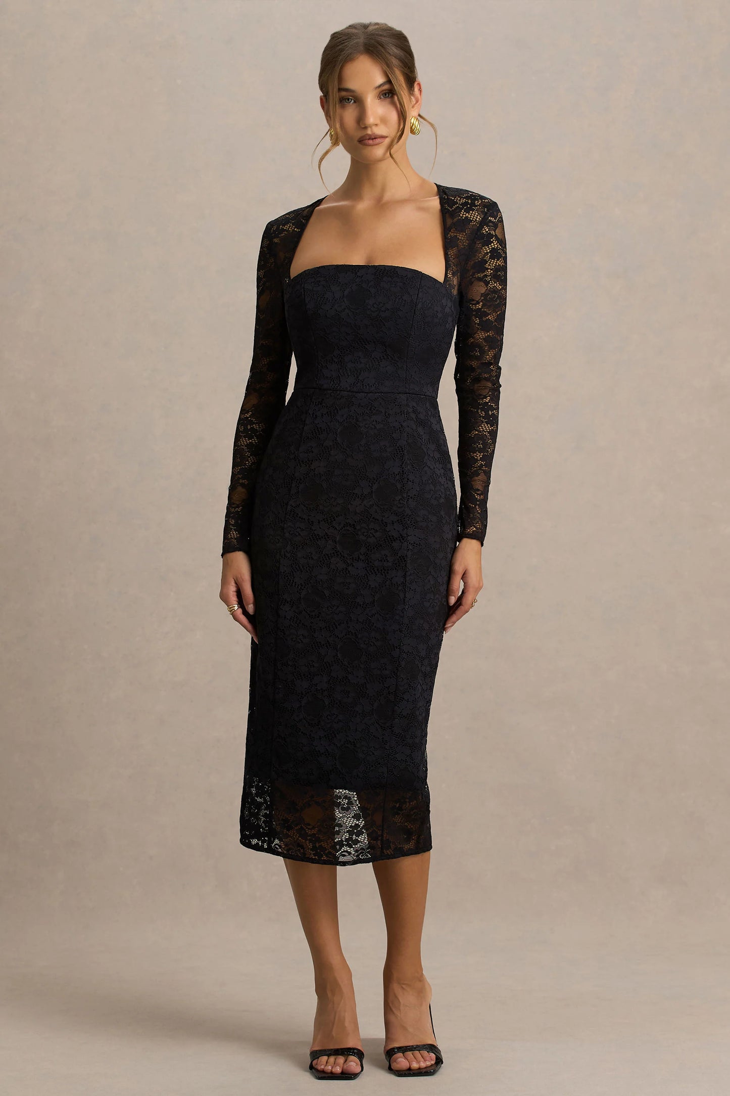 Alissa Black Lace Square-Neck Midi Dress
