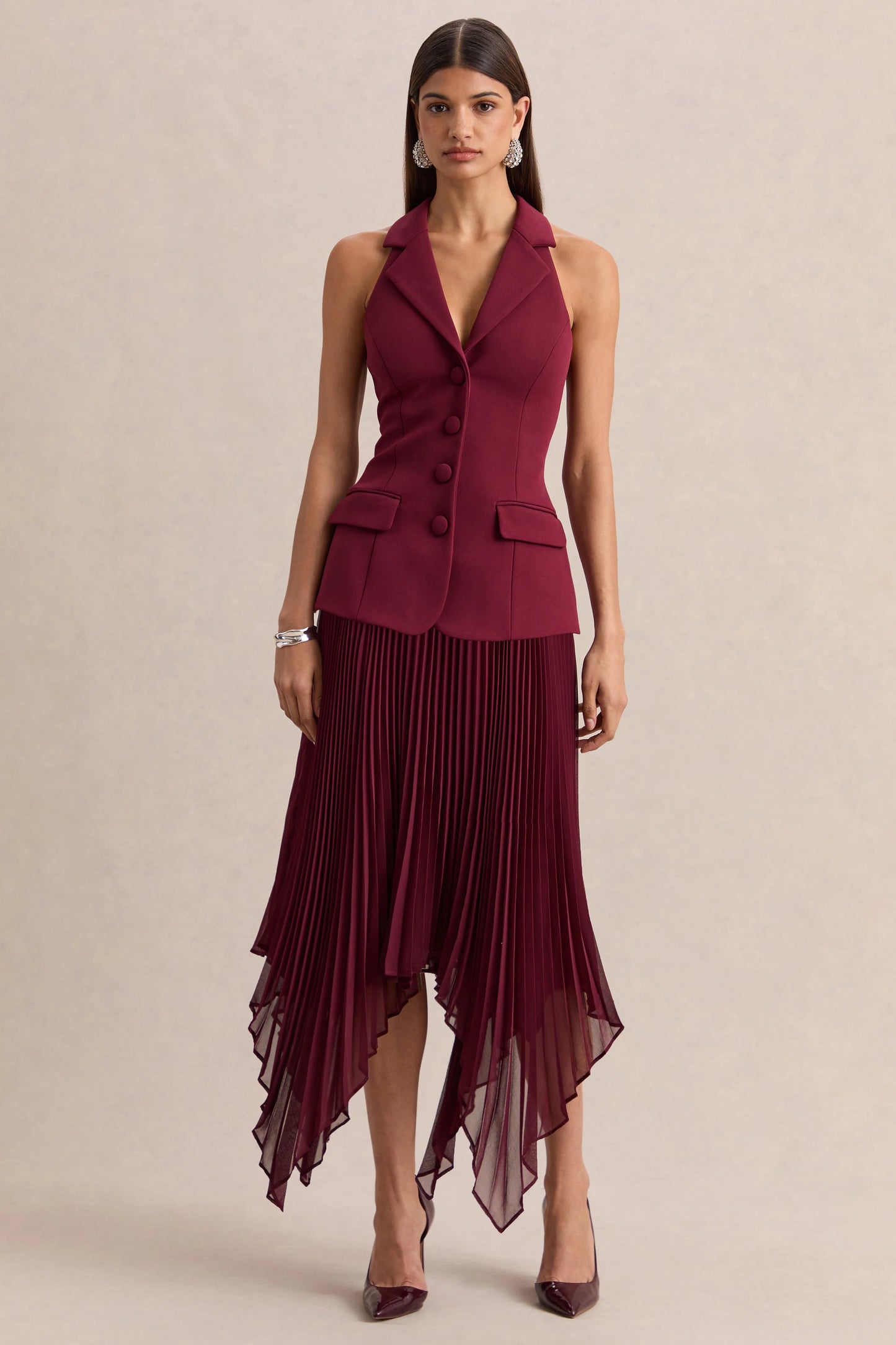 Marvelle Burgundy Plunge-Neck Maxi Dress With Hanky Hem