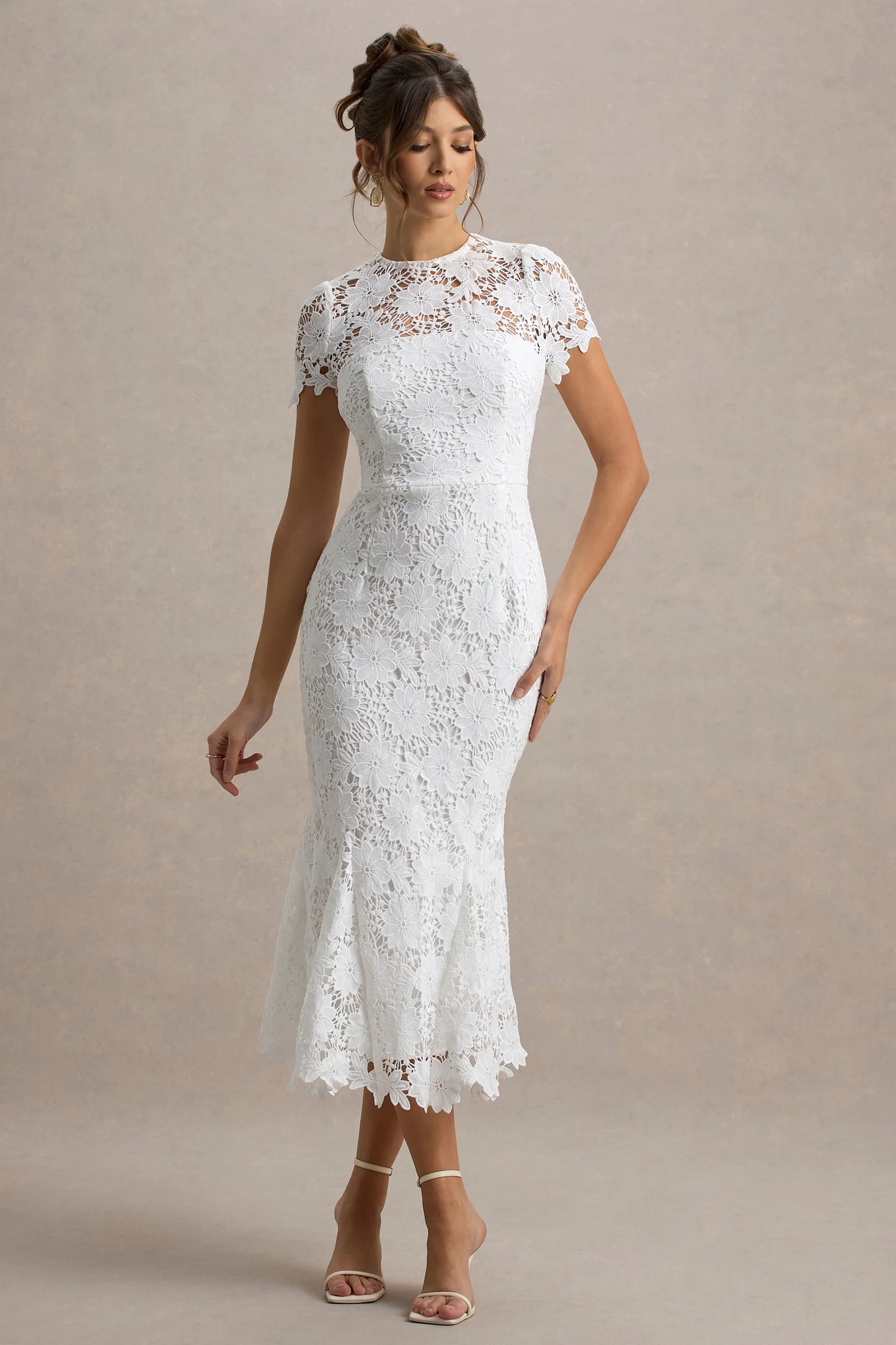 Clarissa White Lace Short-Sleeve Midi Dress
