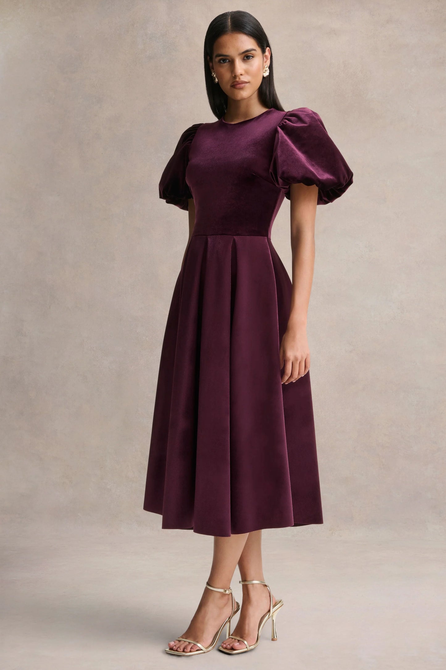 Seraphic Burgundy Velvet Puff-Sleeve Midi Dress