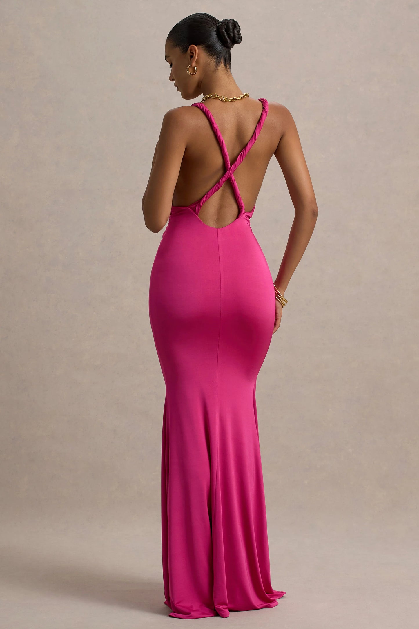 Santez Hot Pink Twisted Plunge-Neck Maxi Dress