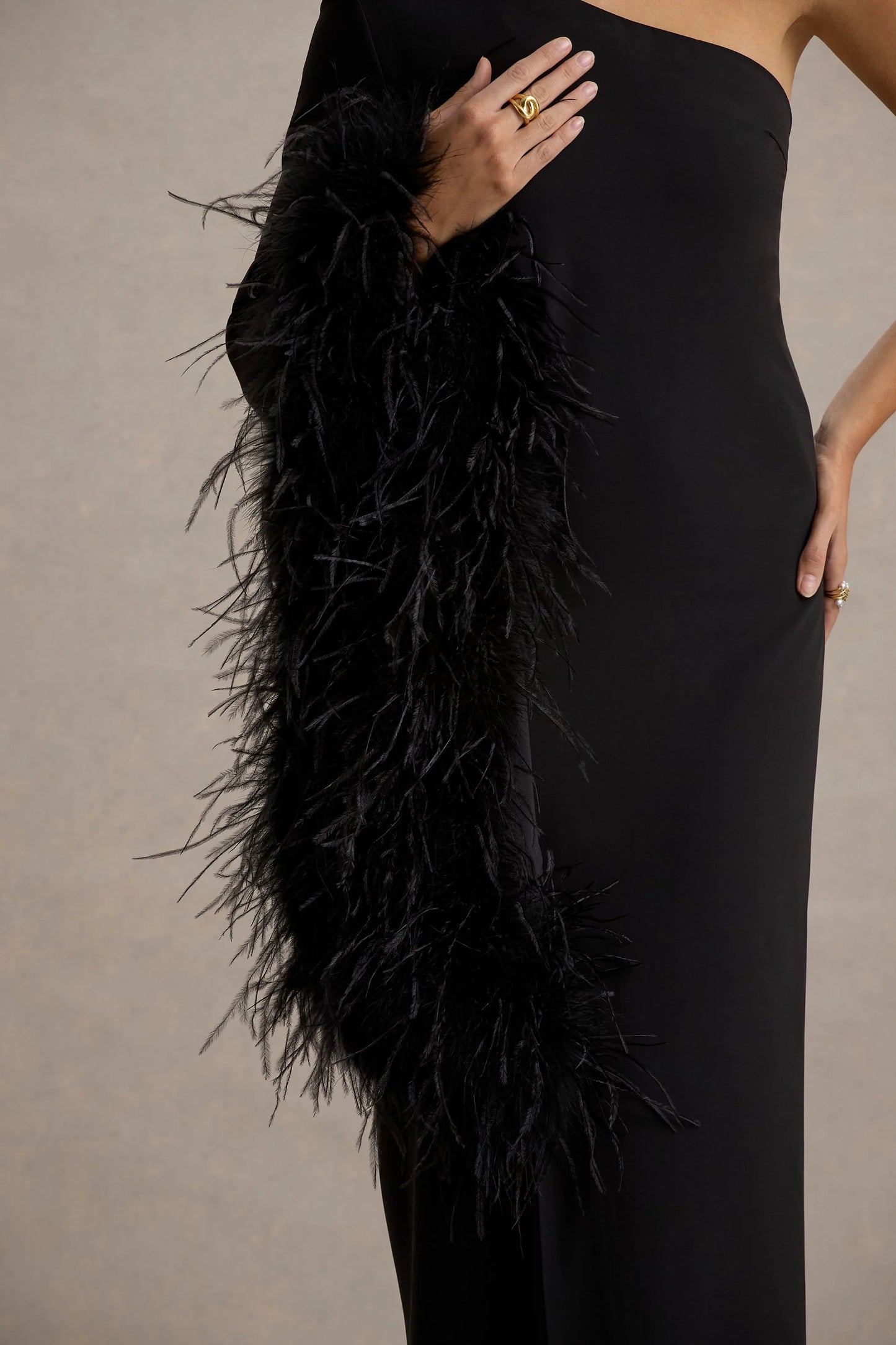 Armina Black One-Shoulder Feather-Trim Maxi Dress