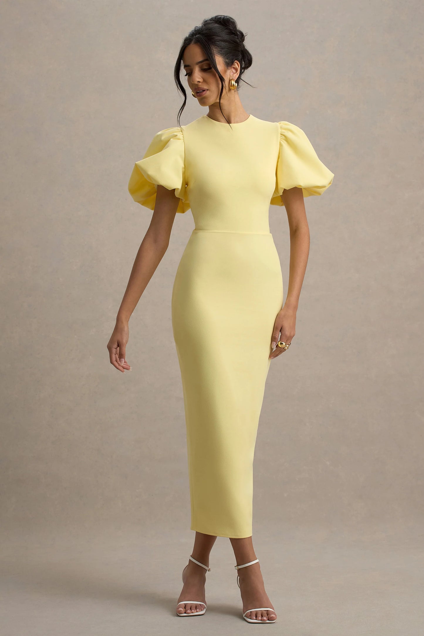 Dakota Lemon Puff-Sleeve Midi Dress