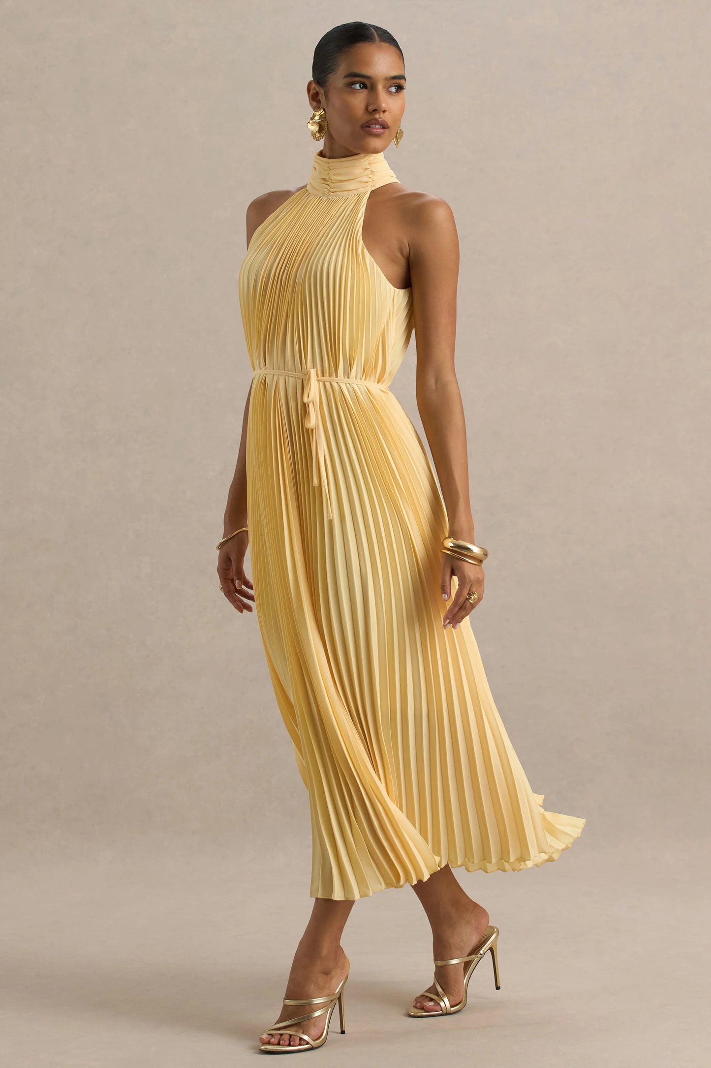 Tulip Lemon Pleated High-Neck Midi Dress
