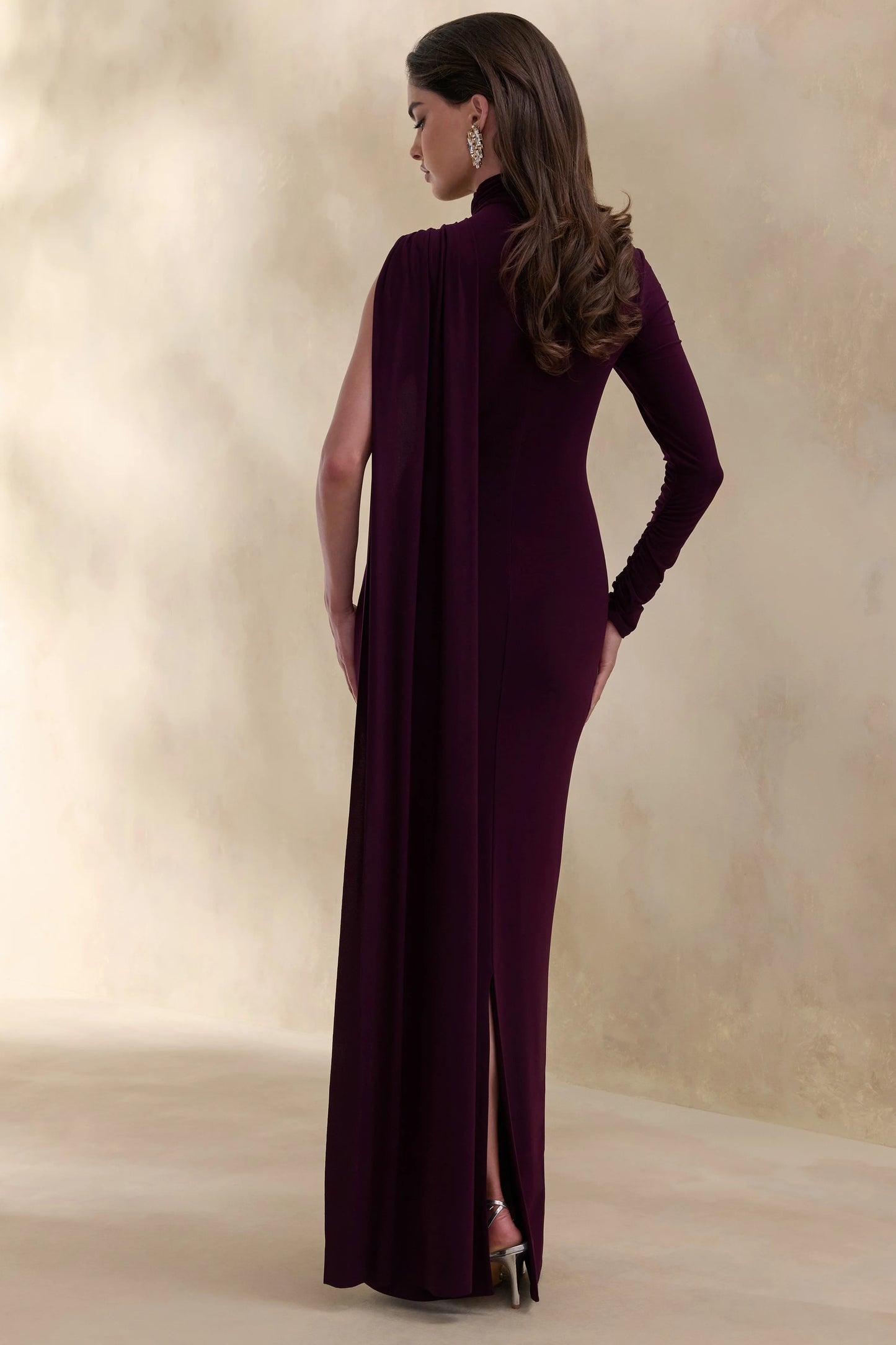 Oliria Dark Plum High-Neck Maxi Dress With One-Long Sleeve And Sash-Detail