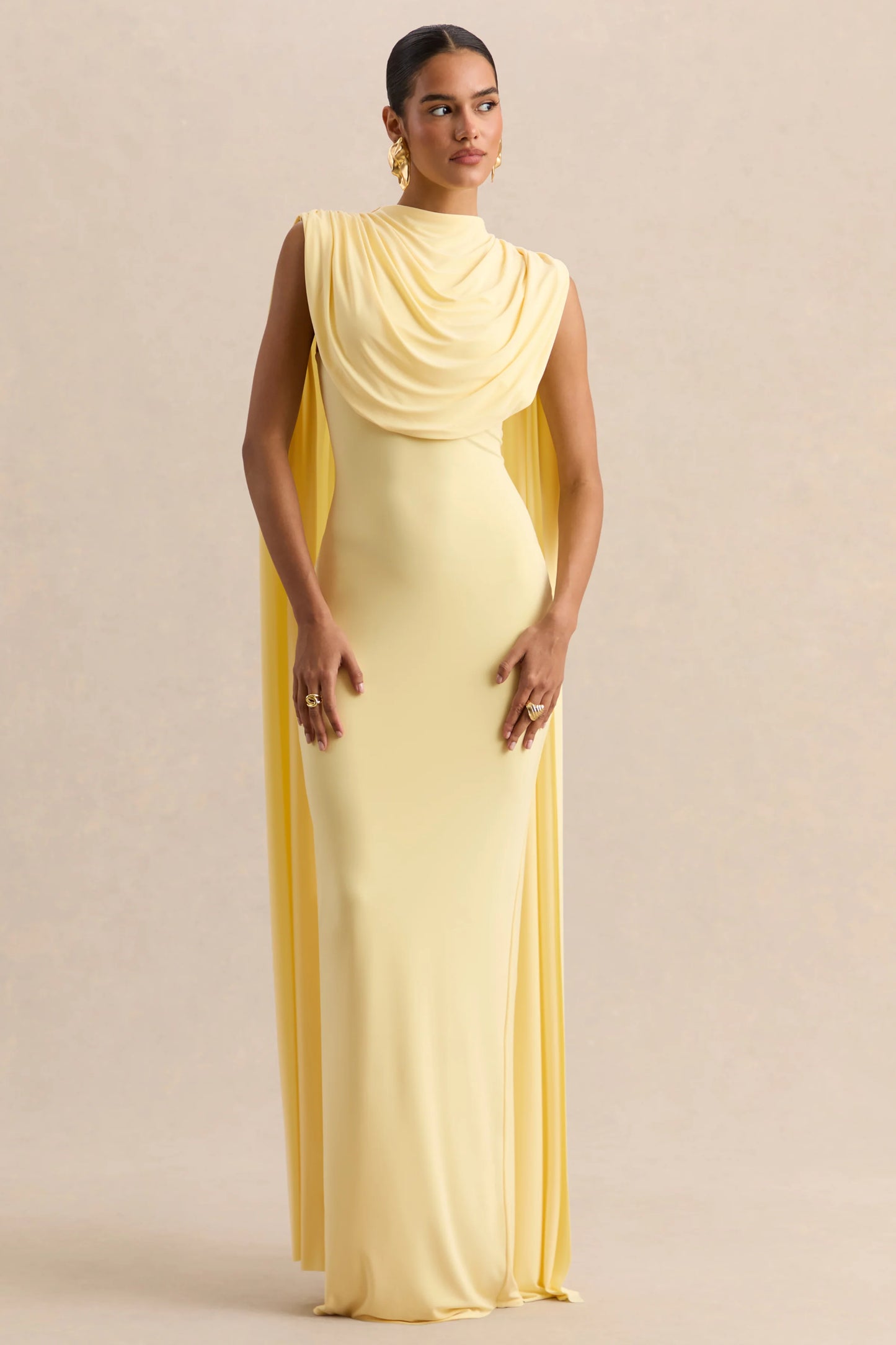 Patrina Lemon High-Neck Maxi Dress With Draped-Detailing And Cape-Sleeves