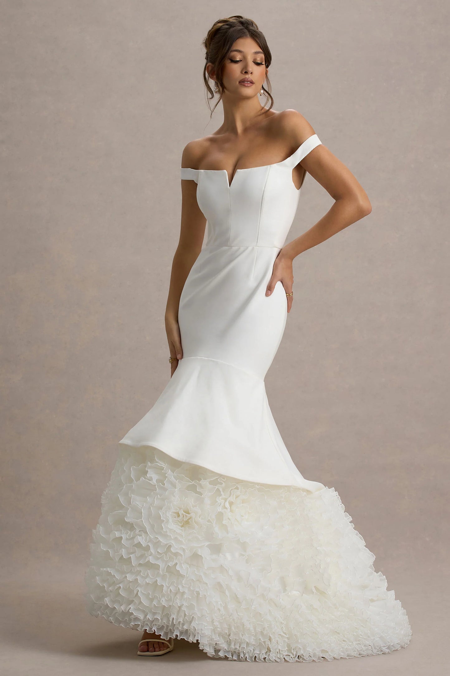 The Greatest White & Cream Bardot Maxi Dress With Tulle Skirt