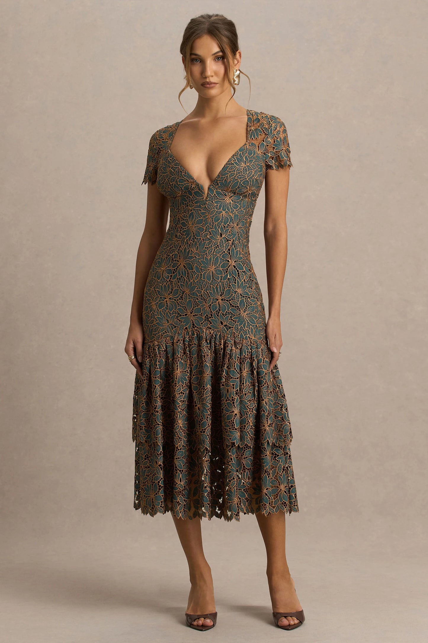 Sabrina Dark Green And Rust Embroidered Plunge-Neck Midi Dress