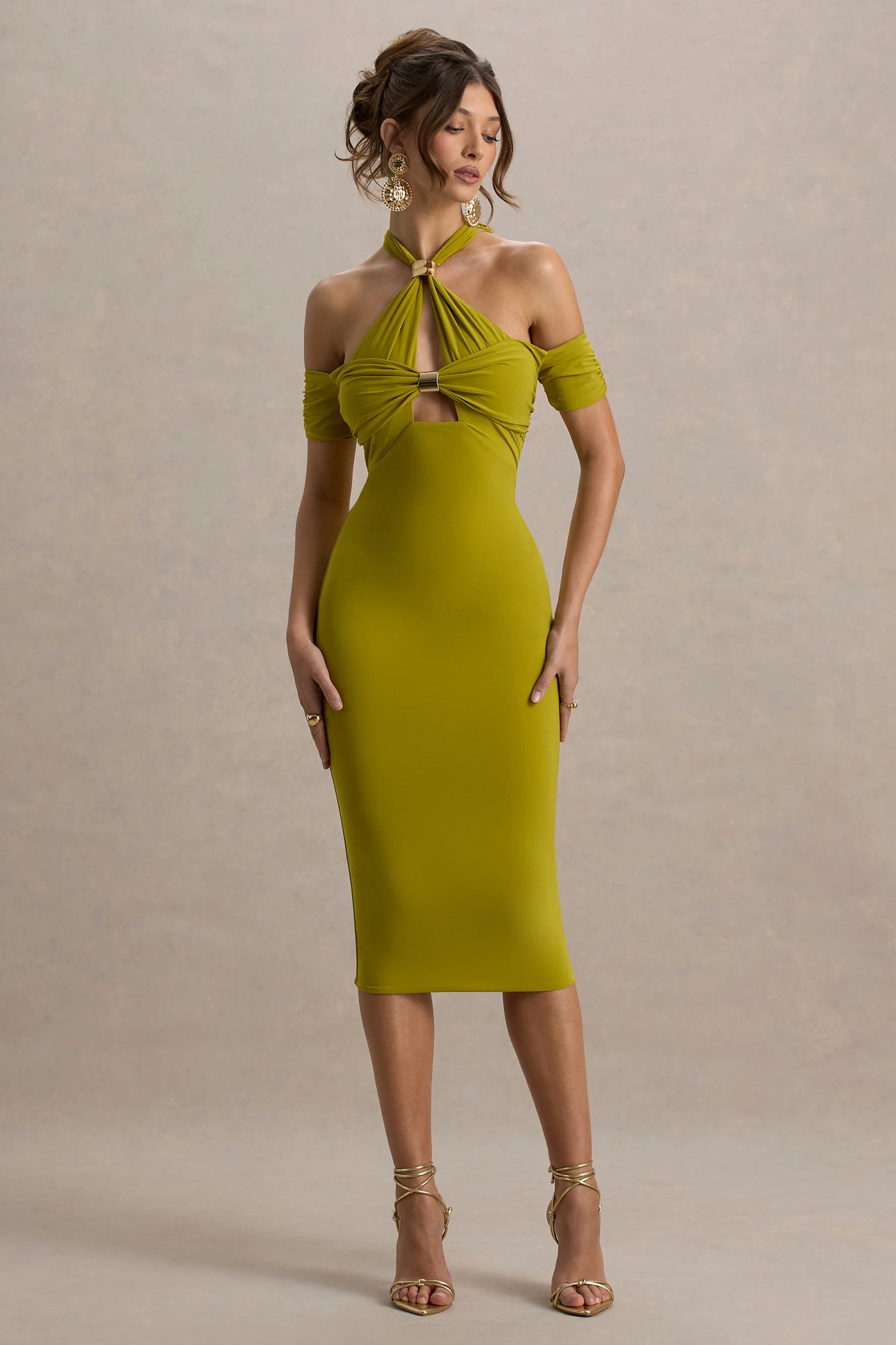 Selvina Green Cut-Out Halter-Neck Midi Dress