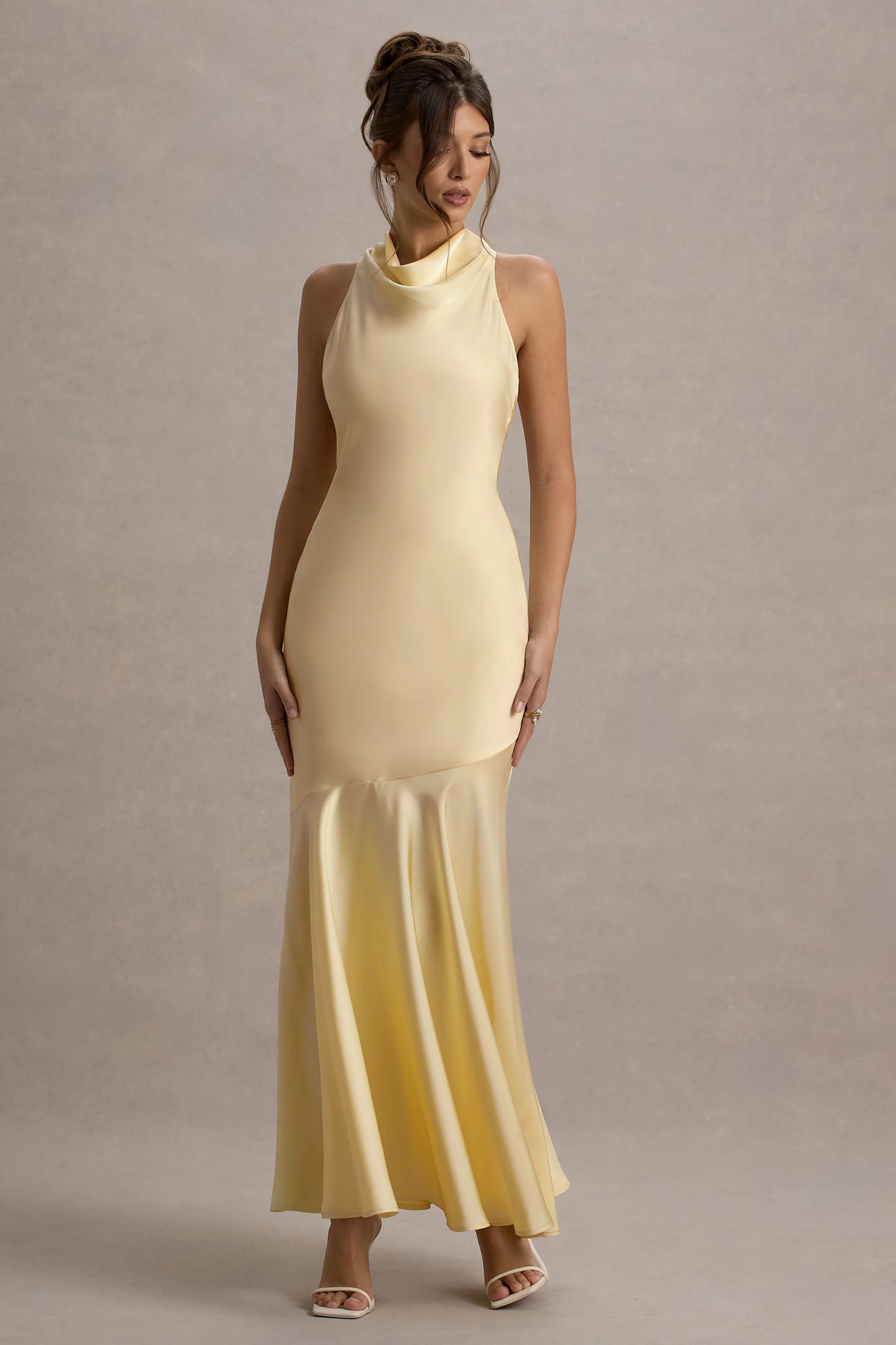Amelita Lemon Satin Cowl-Neck Maxi Dress
